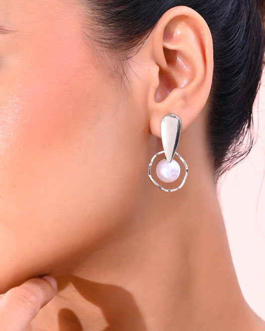 VOJ Silver-Plated Handcrafted Pearl Studded Korean Drop Earrings