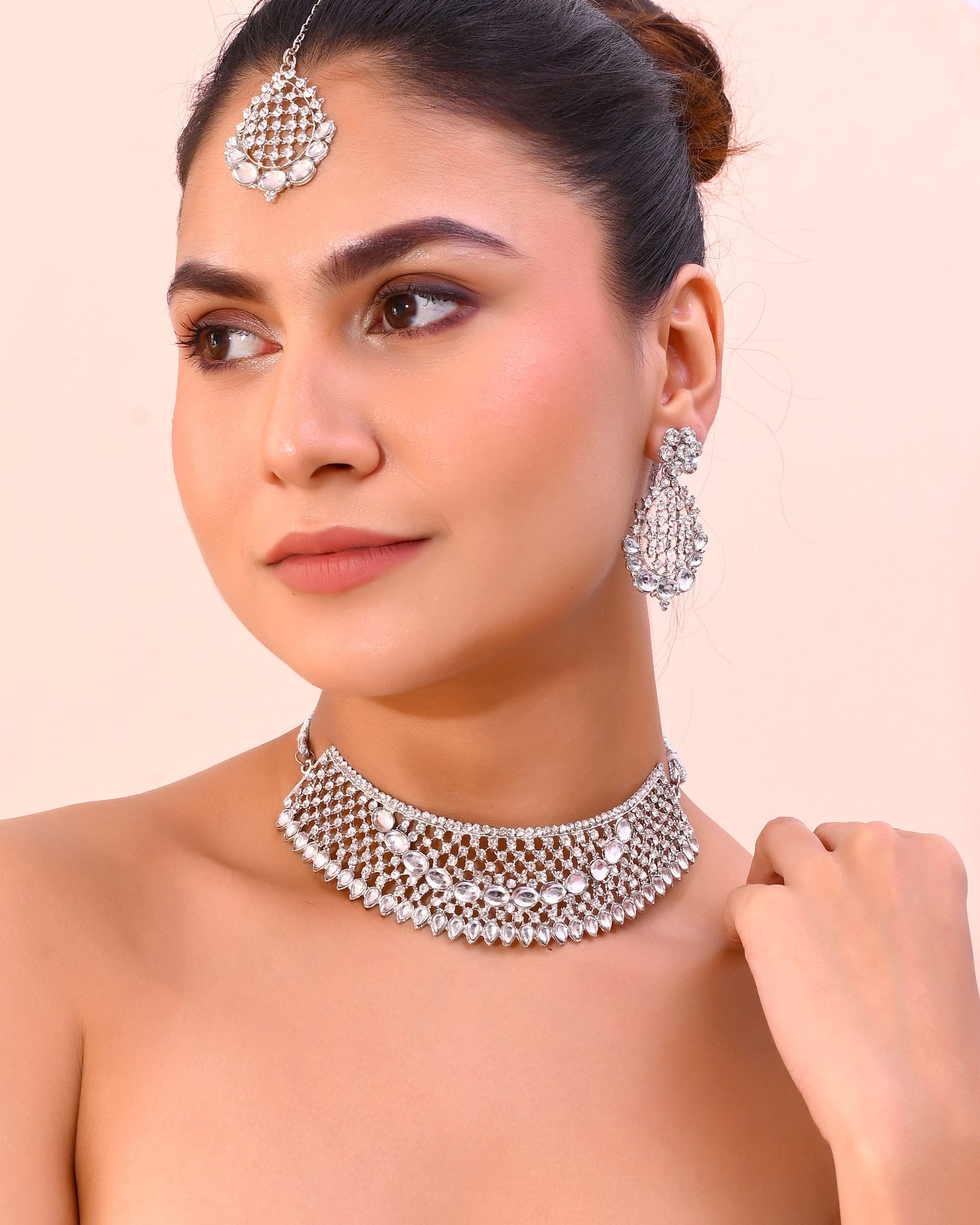 VOJ Silver Plated CZ-Stone Studded Choker Set With Mangtikka 