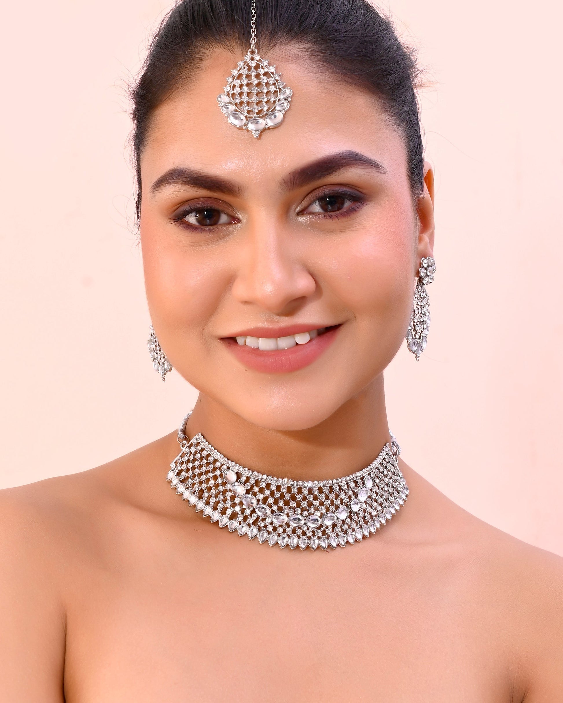 VOJ Silver Plated CZ-Stone Studded Choker Set With Mangtikka 