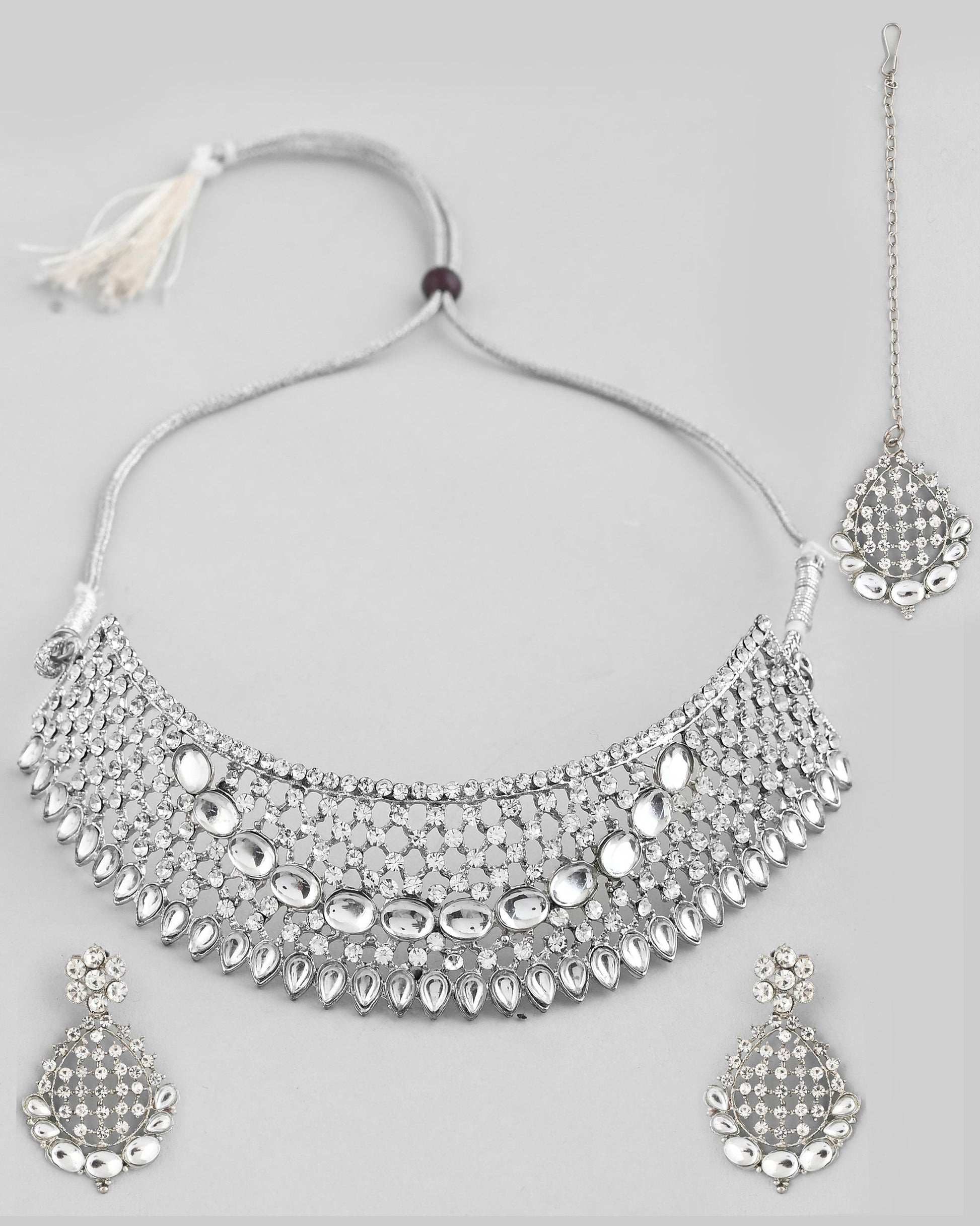 VOJ Silver Plated CZ-Stone Studded Choker Set With Mangtikka 