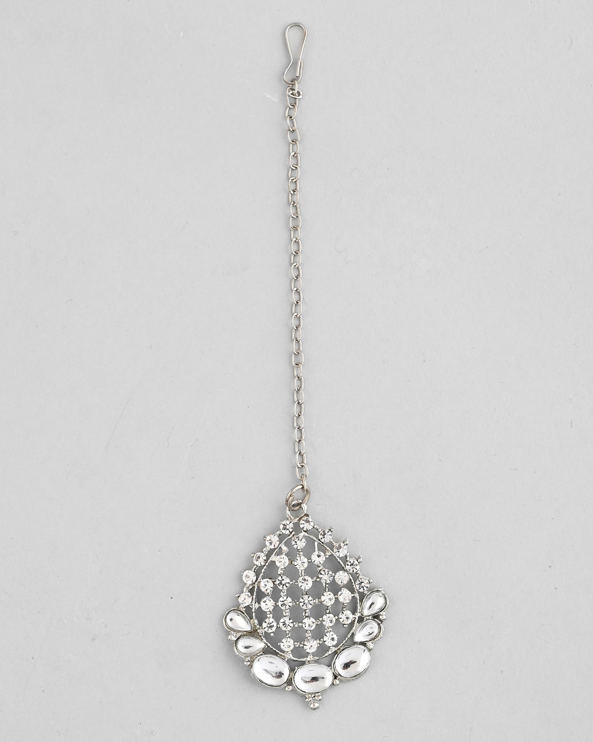VOJ Silver Plated CZ-Stone Studded Choker Set With Mangtikka 