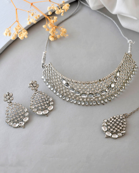 VOJ Silver Plated CZ-Stone Studded Choker Set With Mangtikka 