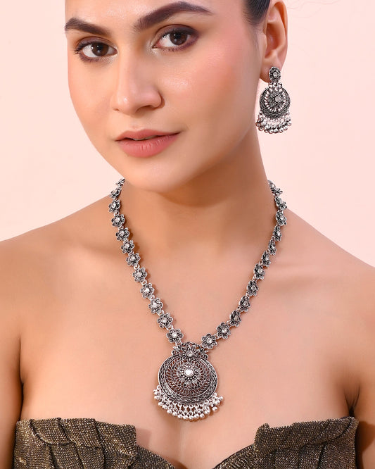 VOJ Silver Plated Floral Oxidized Long Necklace & Earrings VOJ (Valley Of Jewellery)