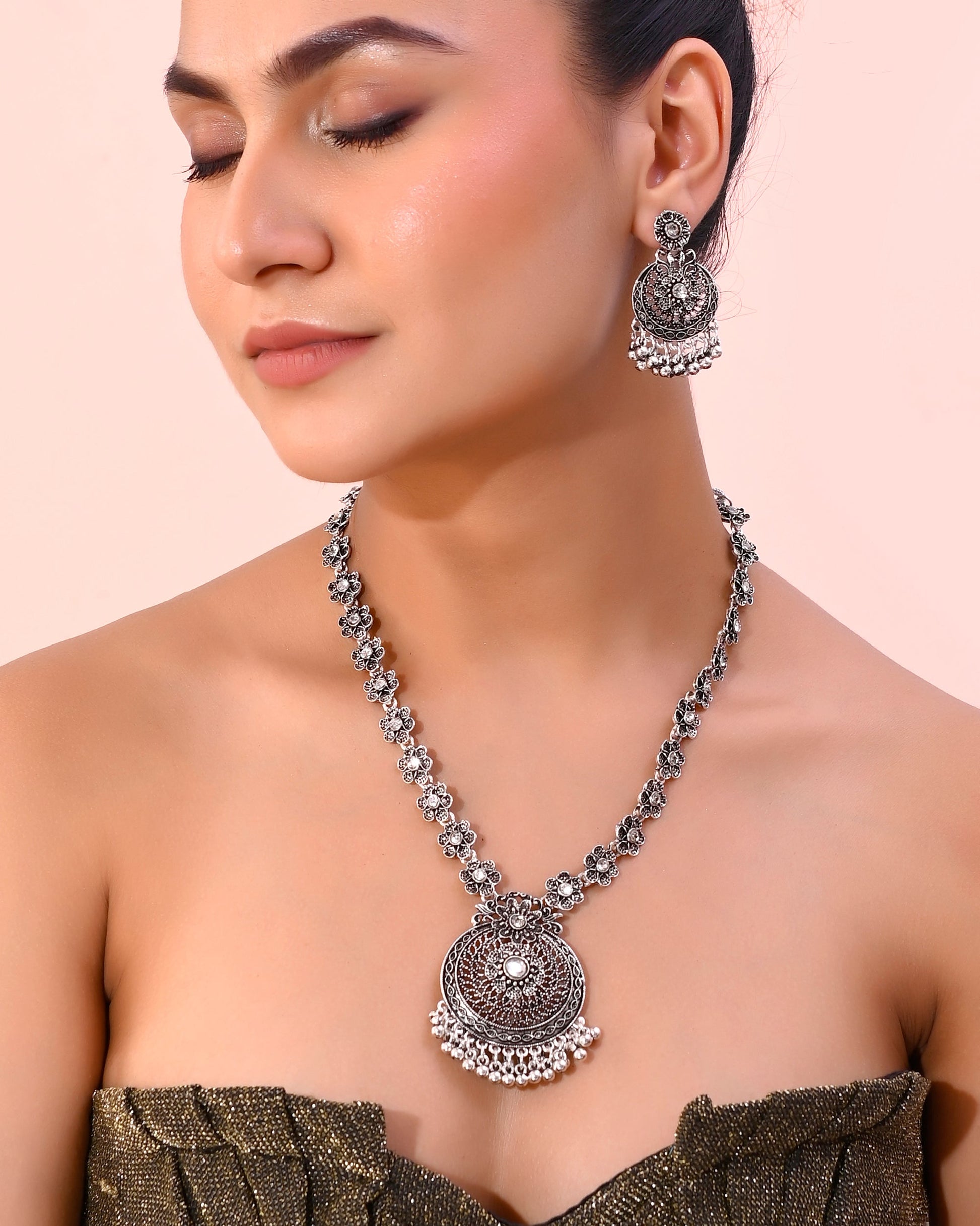 VOJ Silver Plated Floral Oxidized Long Necklace & Earrings VOJ (Valley Of Jewellery)