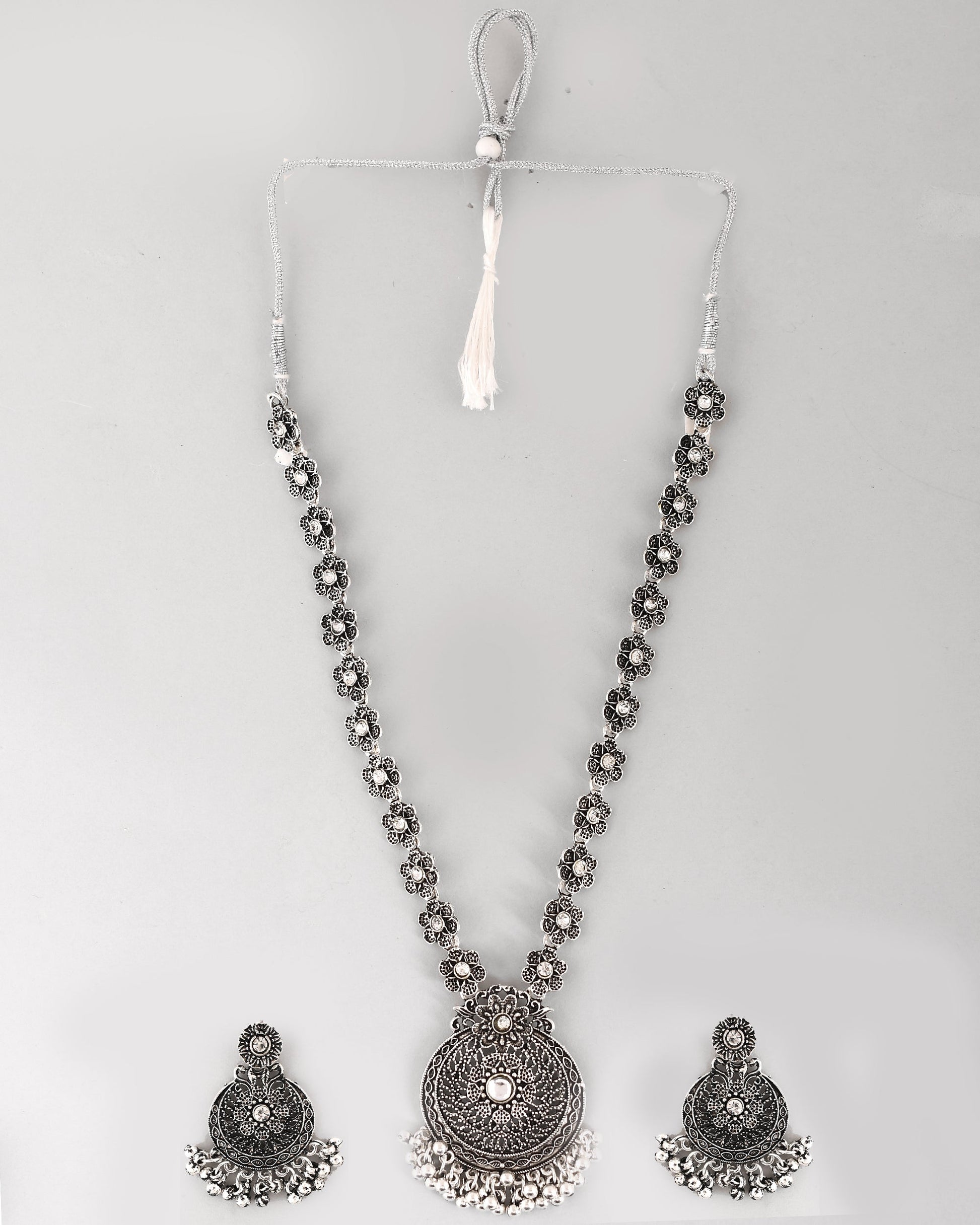 VOJ Silver Plated Floral Oxidized Long Necklace & Earrings VOJ (Valley Of Jewellery)
