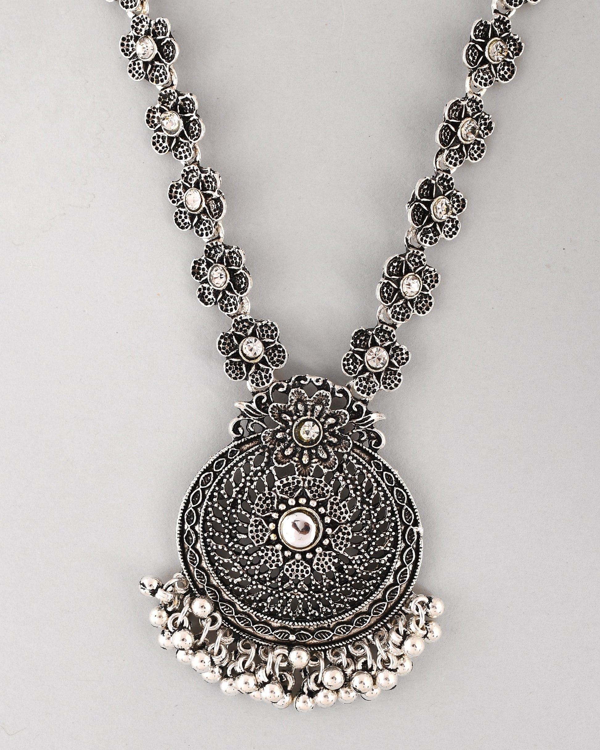 VOJ Silver Plated Floral Oxidized Long Necklace & Earrings VOJ (Valley Of Jewellery)