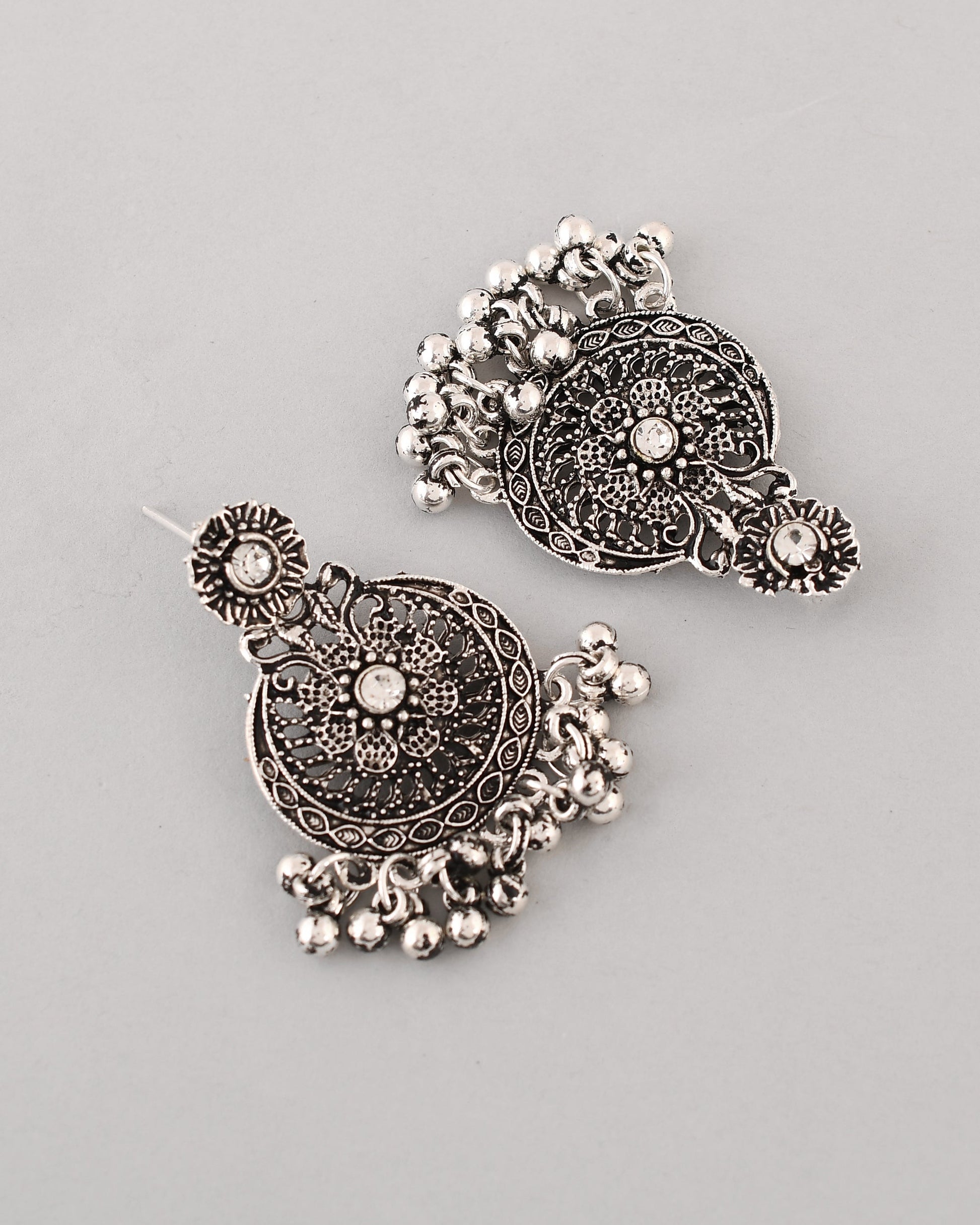 VOJ Silver Plated Floral Oxidized Long Necklace & Earrings VOJ (Valley Of Jewellery)