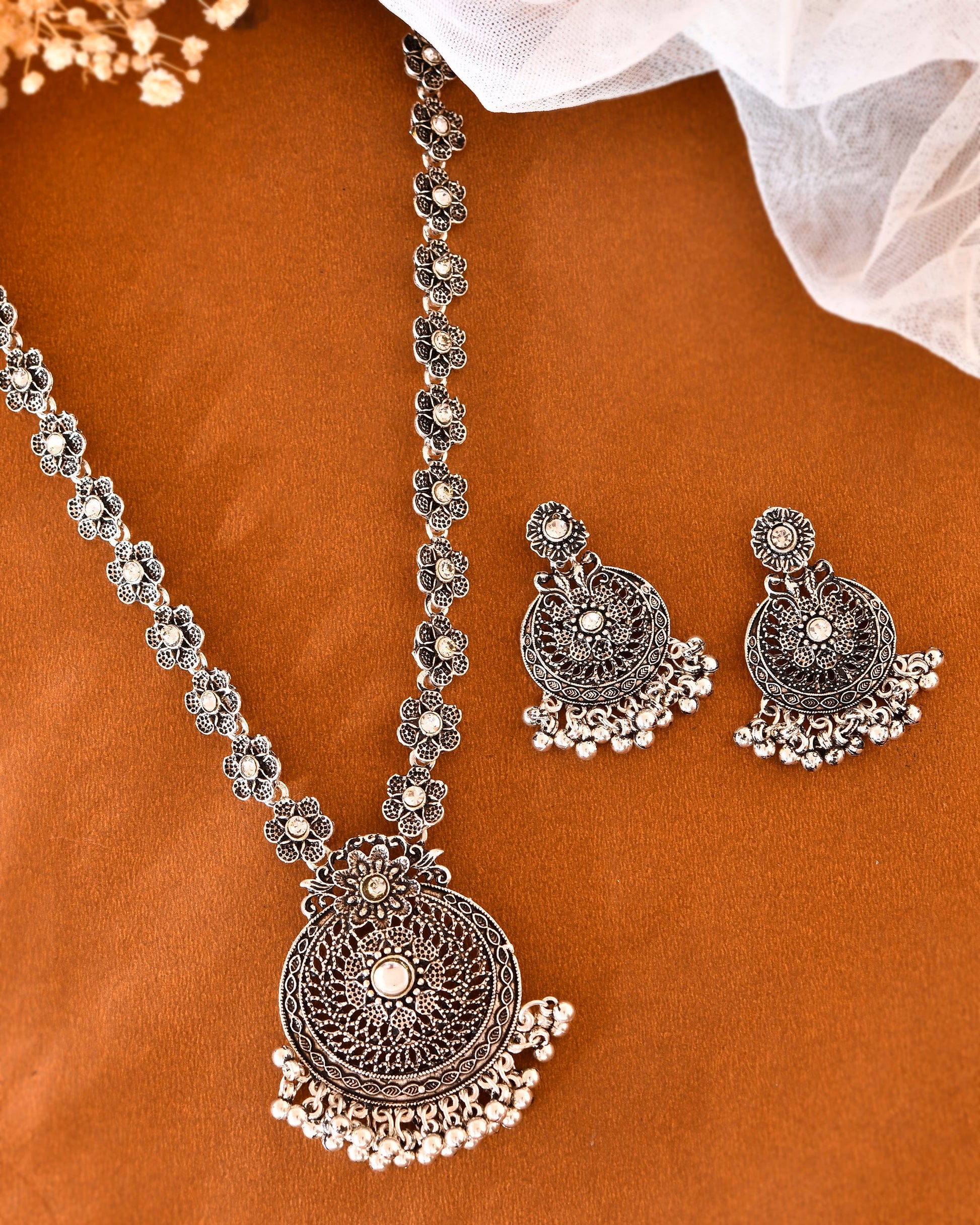 VOJ Silver Plated Floral Oxidized Long Necklace & Earrings VOJ (Valley Of Jewellery)