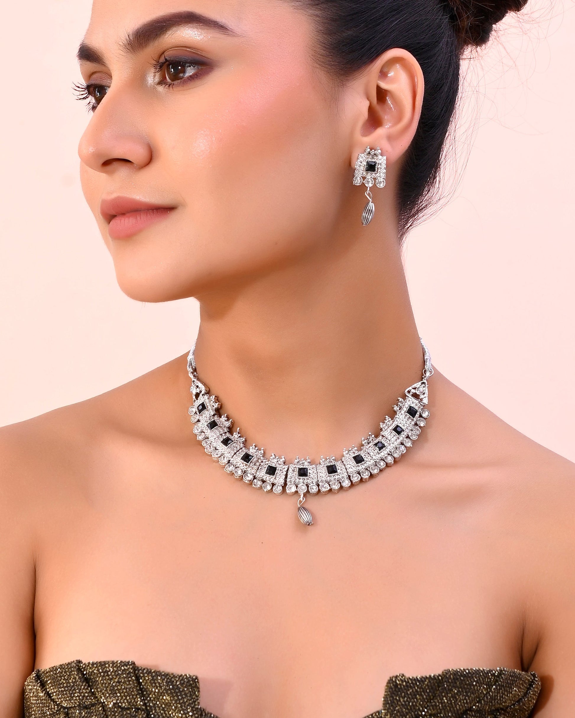 VOJ Silver Plated Black Stone Studded Oxidized Jewellery Set VOJ (Valley Of Jewellery)