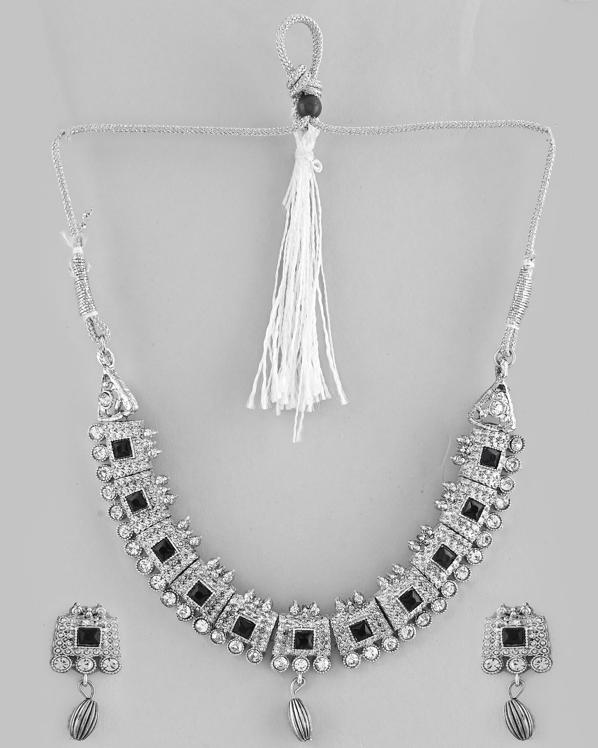 VOJ Silver Plated Black Stone Studded Oxidized Jewellery Set VOJ (Valley Of Jewellery)