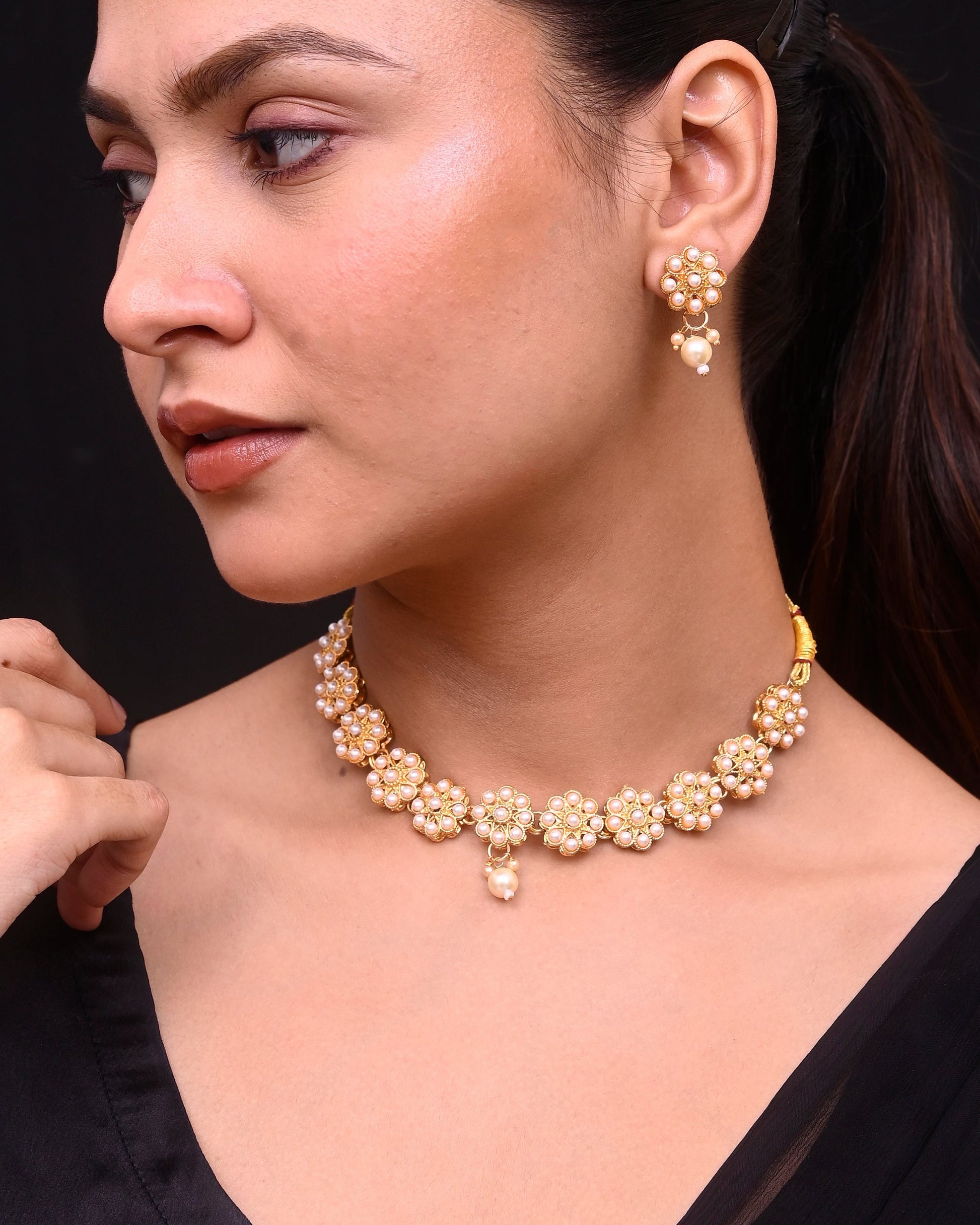 VOJ Gold-Polished Pearl Studded Floral Necklace And Earrings VOJ (Valley Of Jewellery)