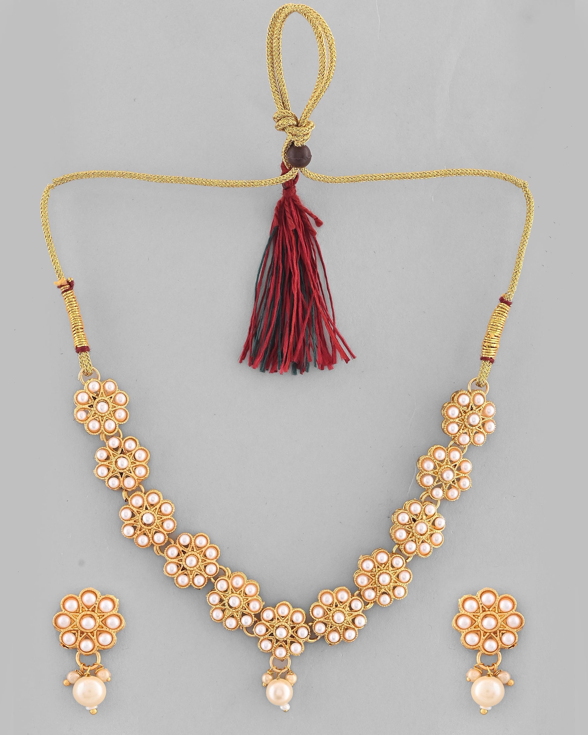 VOJ Gold-Polished Pearl Studded Floral Necklace And Earrings VOJ (Valley Of Jewellery)