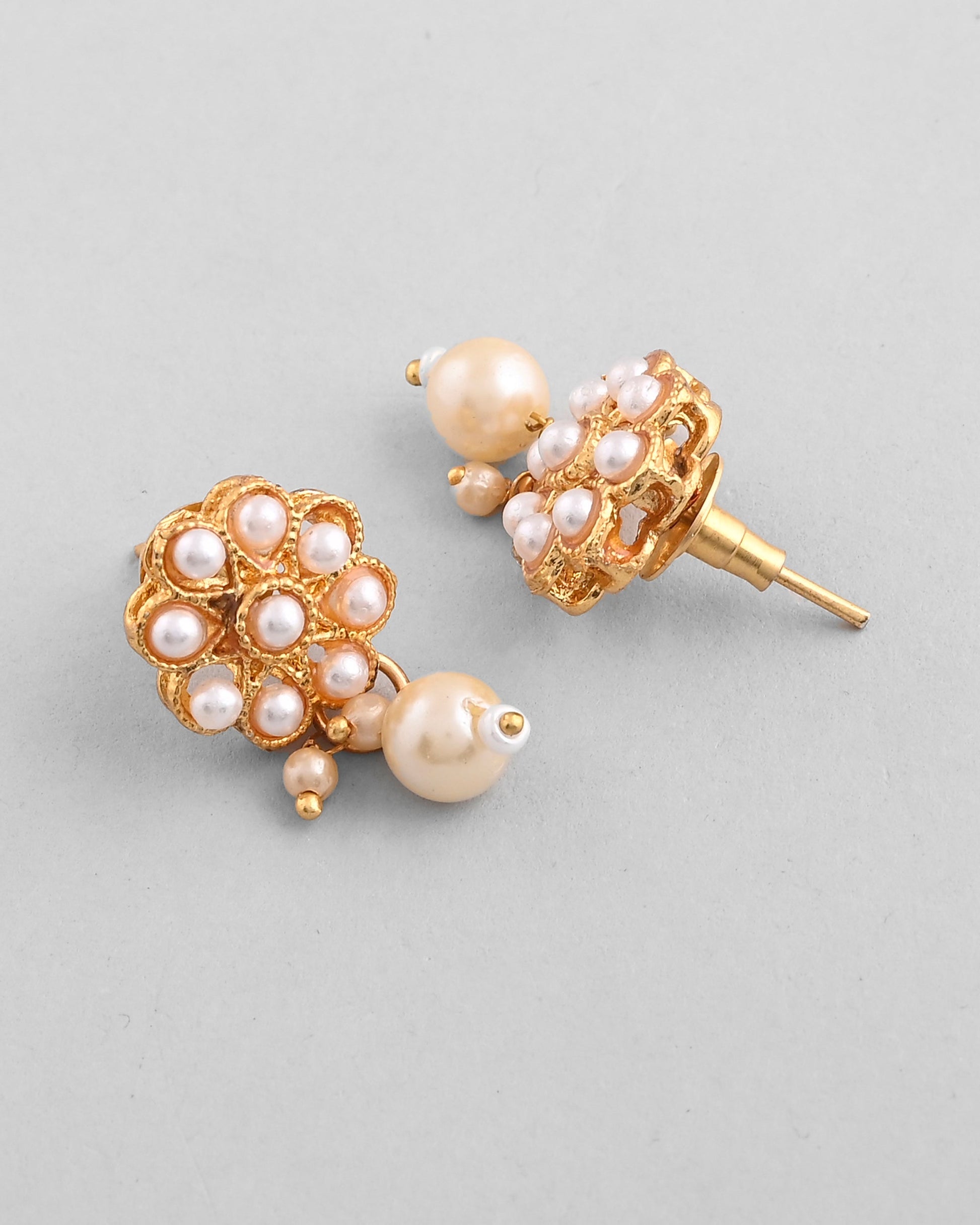 VOJ Gold-Polished Pearl Studded Floral Necklace And Earrings VOJ (Valley Of Jewellery)