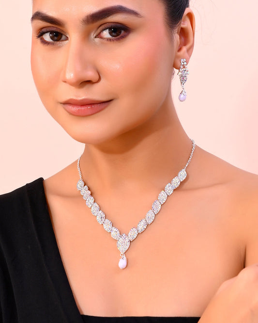 VOJ Silver Plated CZ-Stone Studded With Pearl Jewellery Set VOJ (Valley Of Jewellery)