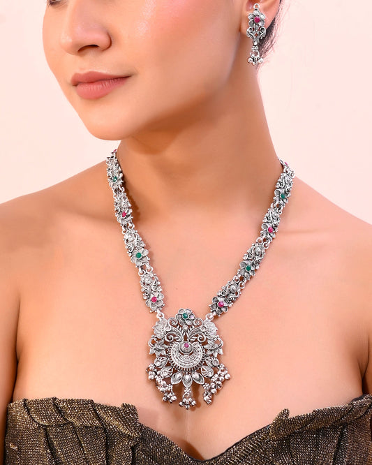 VOJ Silver Plated Stone Studded Oxidized Long Necklace And Earrings VOJ (Valley Of Jewellery)