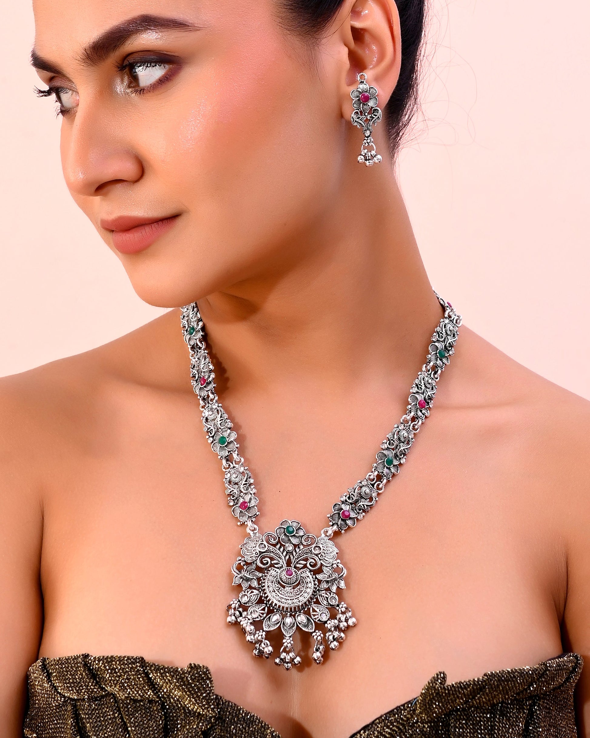 VOJ Silver Plated Stone Studded Oxidized Long Necklace And Earrings VOJ (Valley Of Jewellery)