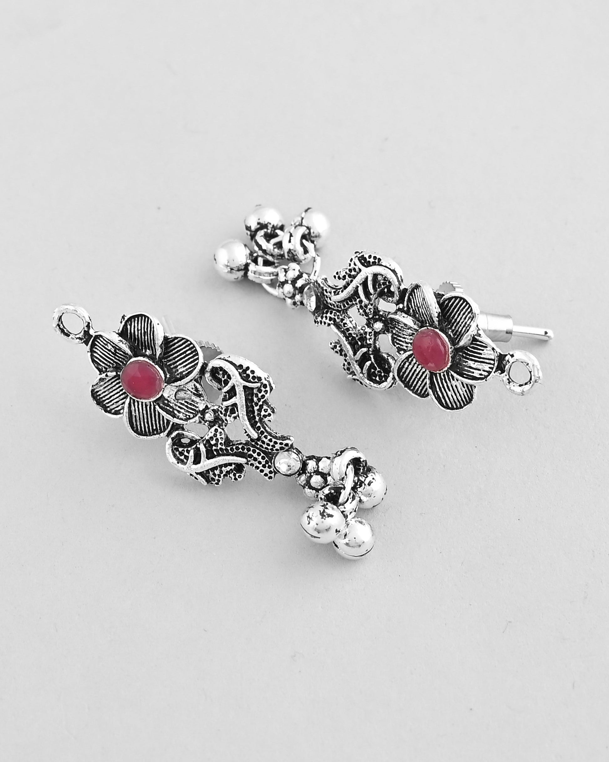 VOJ Silver Plated Stone Studded Oxidized Long Necklace And Earrings VOJ (Valley Of Jewellery)