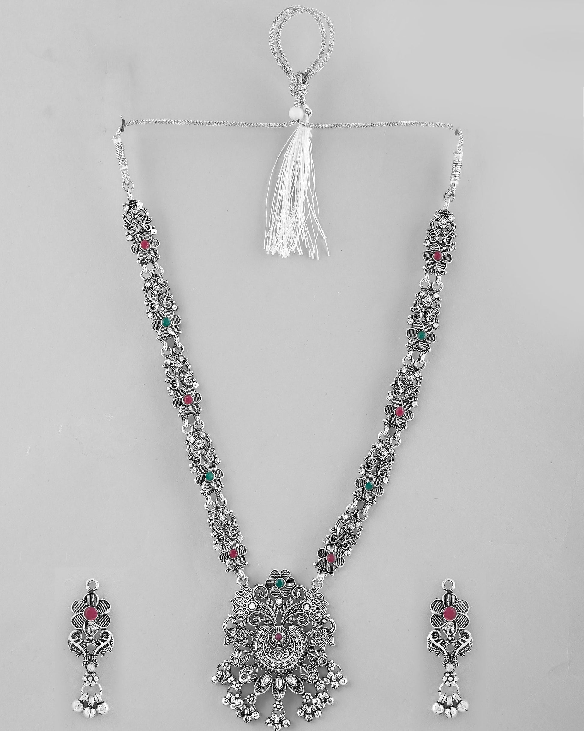 VOJ Silver Plated Stone Studded Oxidized Long Necklace And Earrings VOJ (Valley Of Jewellery)