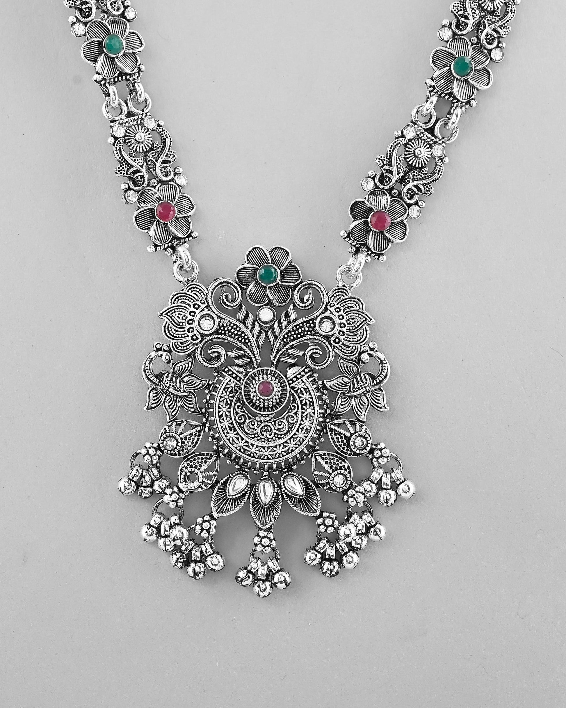 VOJ Silver Plated Stone Studded Oxidized Long Necklace And Earrings VOJ (Valley Of Jewellery)