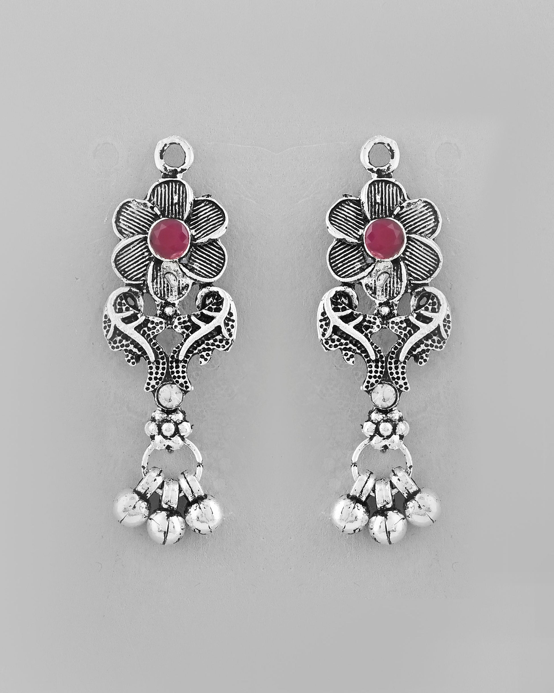 VOJ Silver Plated Stone Studded Oxidized Long Necklace And Earrings VOJ (Valley Of Jewellery)