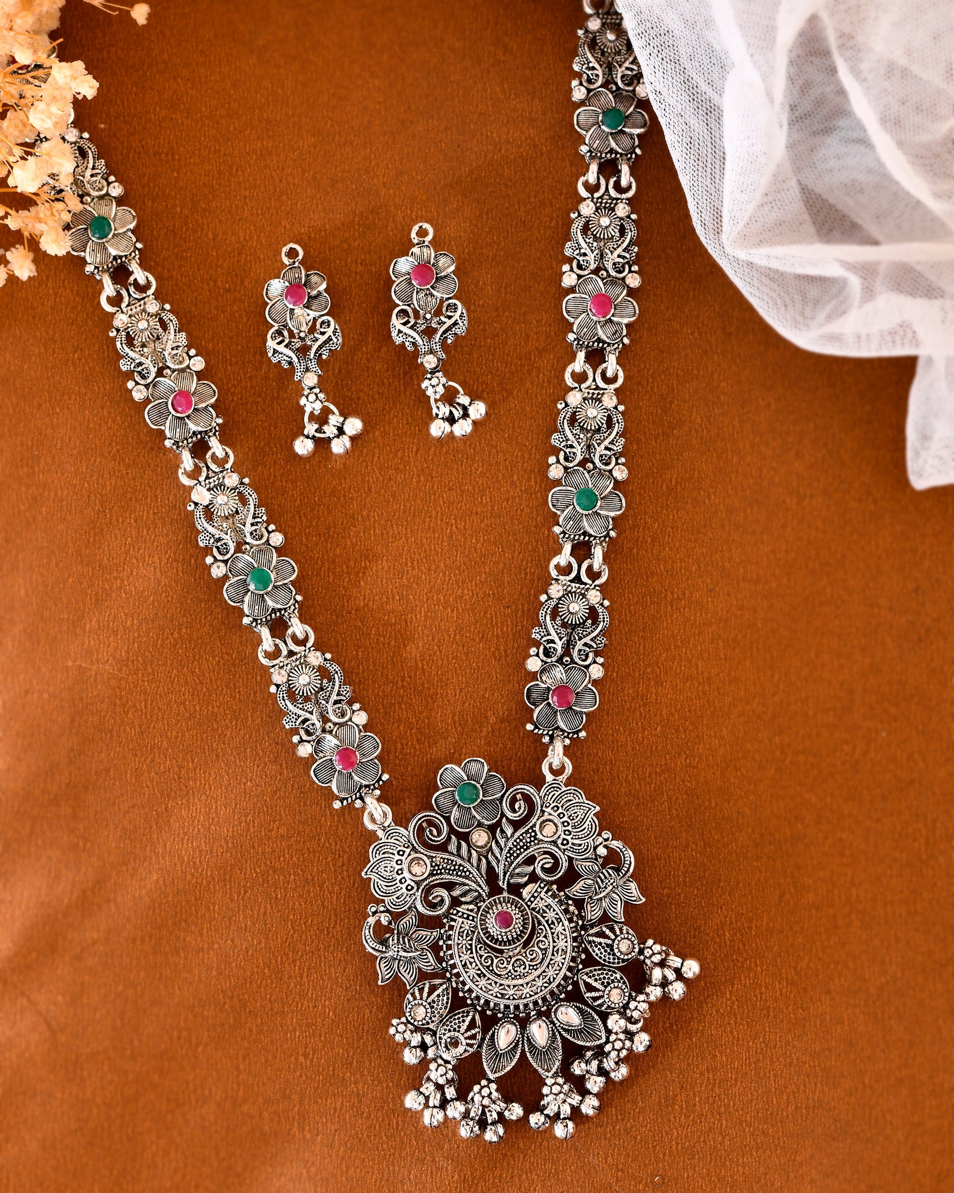 VOJ Silver Plated Stone Studded Oxidized Long Necklace And Earrings VOJ (Valley Of Jewellery)