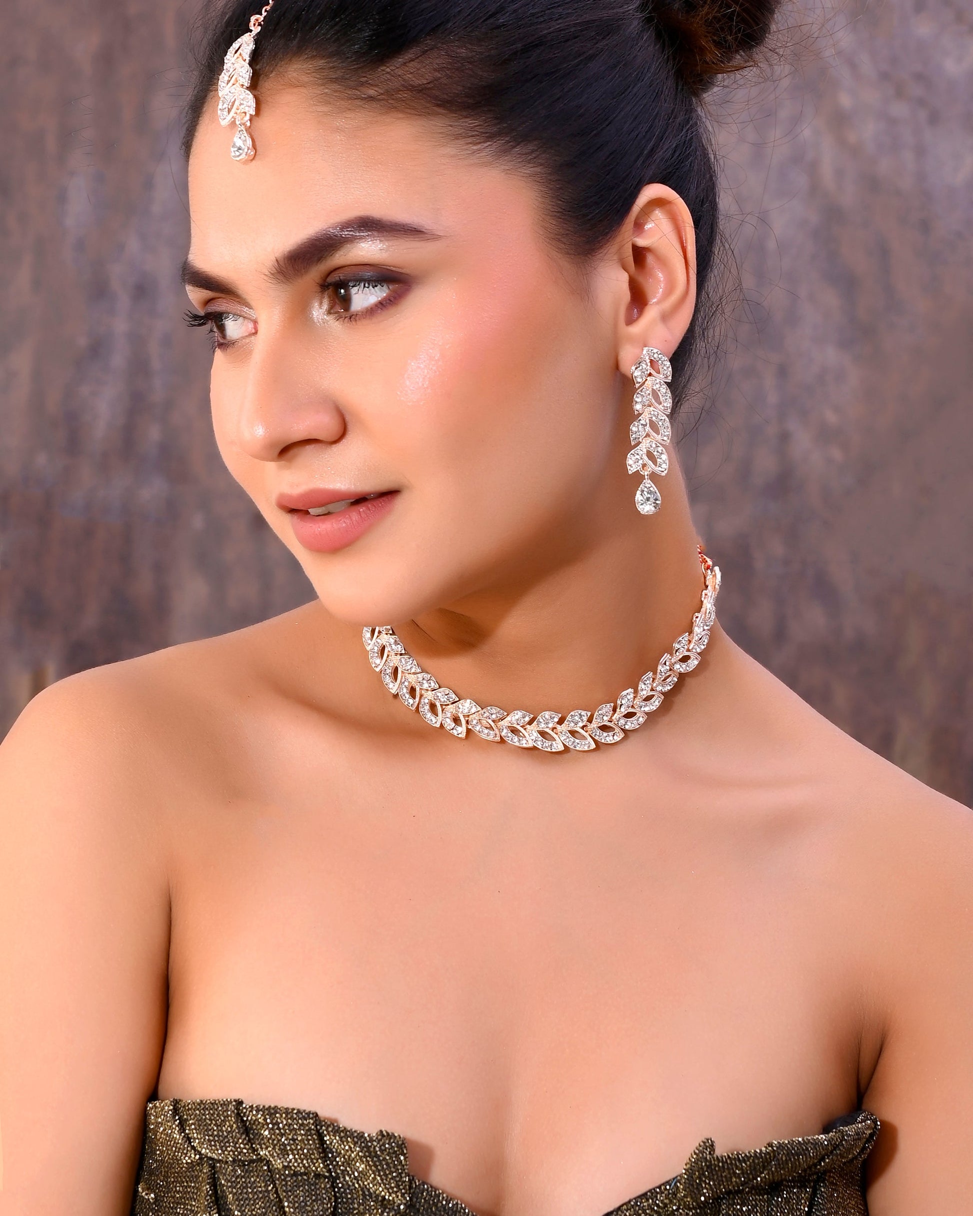 VOJ Gold-Polished CZ-Studded Jewellery Set With Mangtikka VOJ (Valley Of Jewellery)