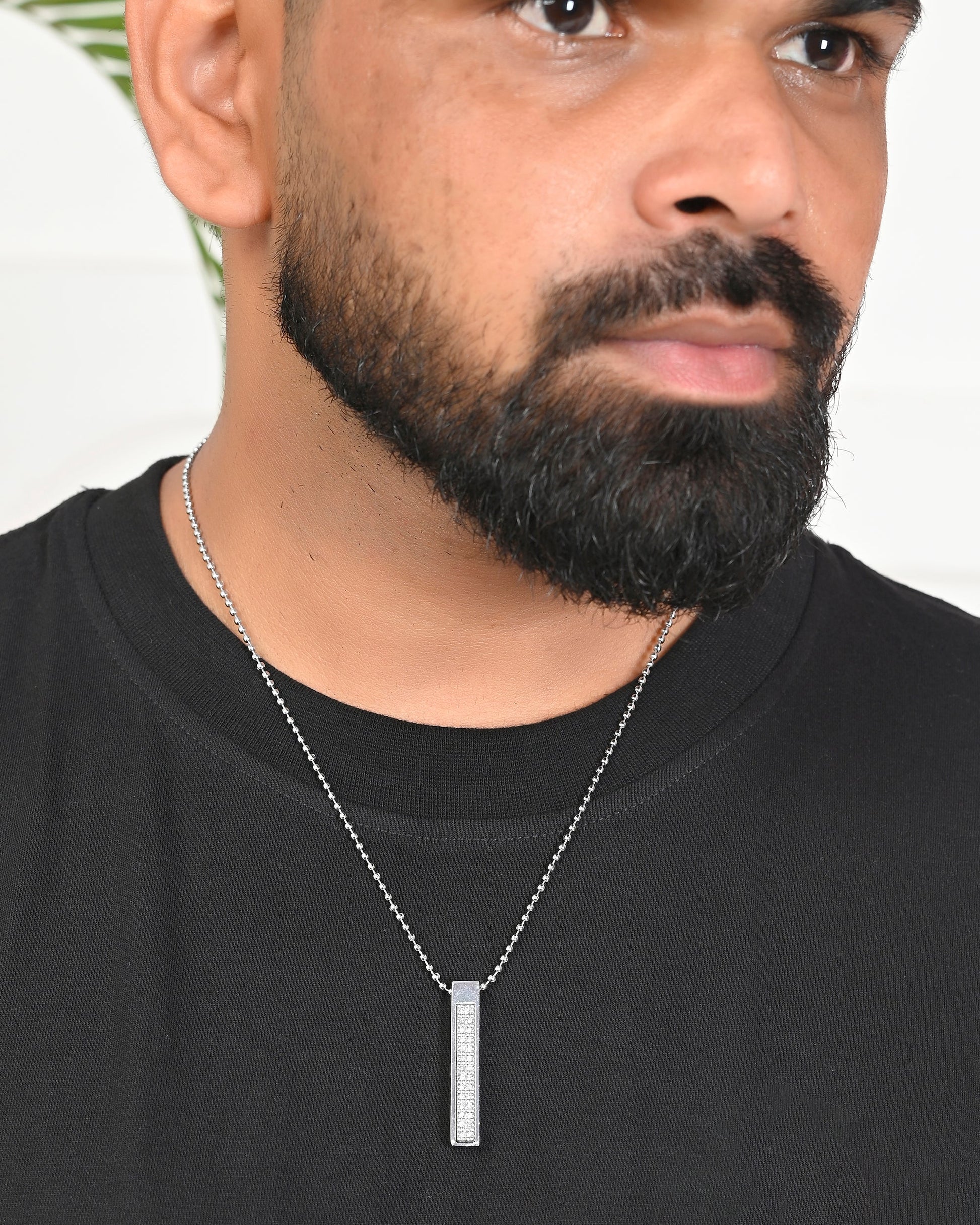 VOJ Silver Plated Men Chain With Rectangular Shaped AD Stone Studded Pendent 