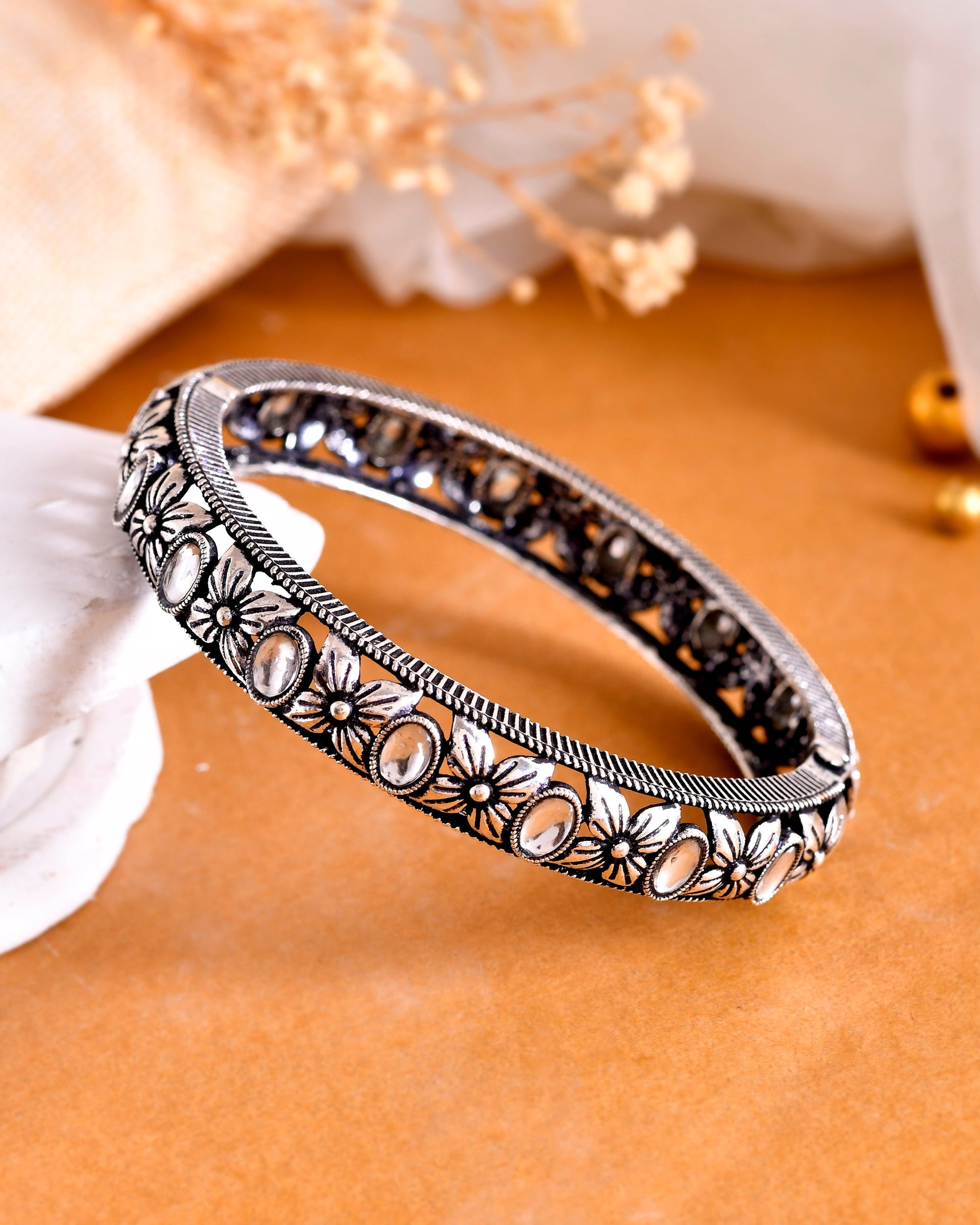 VOJ Rhodium Plated White Stone Studded Kada Bracelet | Grab2Buy