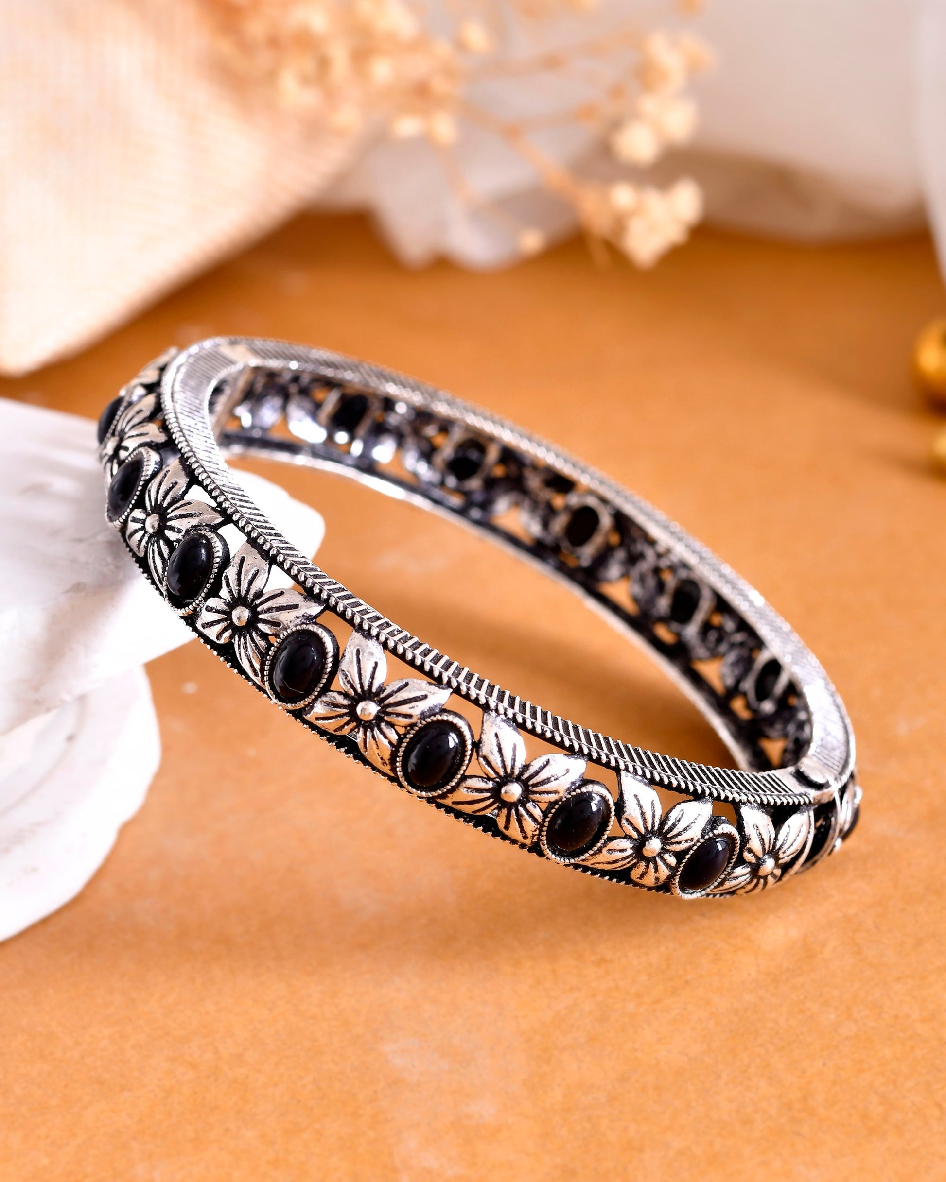 VOJ Rhodium Plated Black Stone Studded Kada Bracelet | Grab2Buy