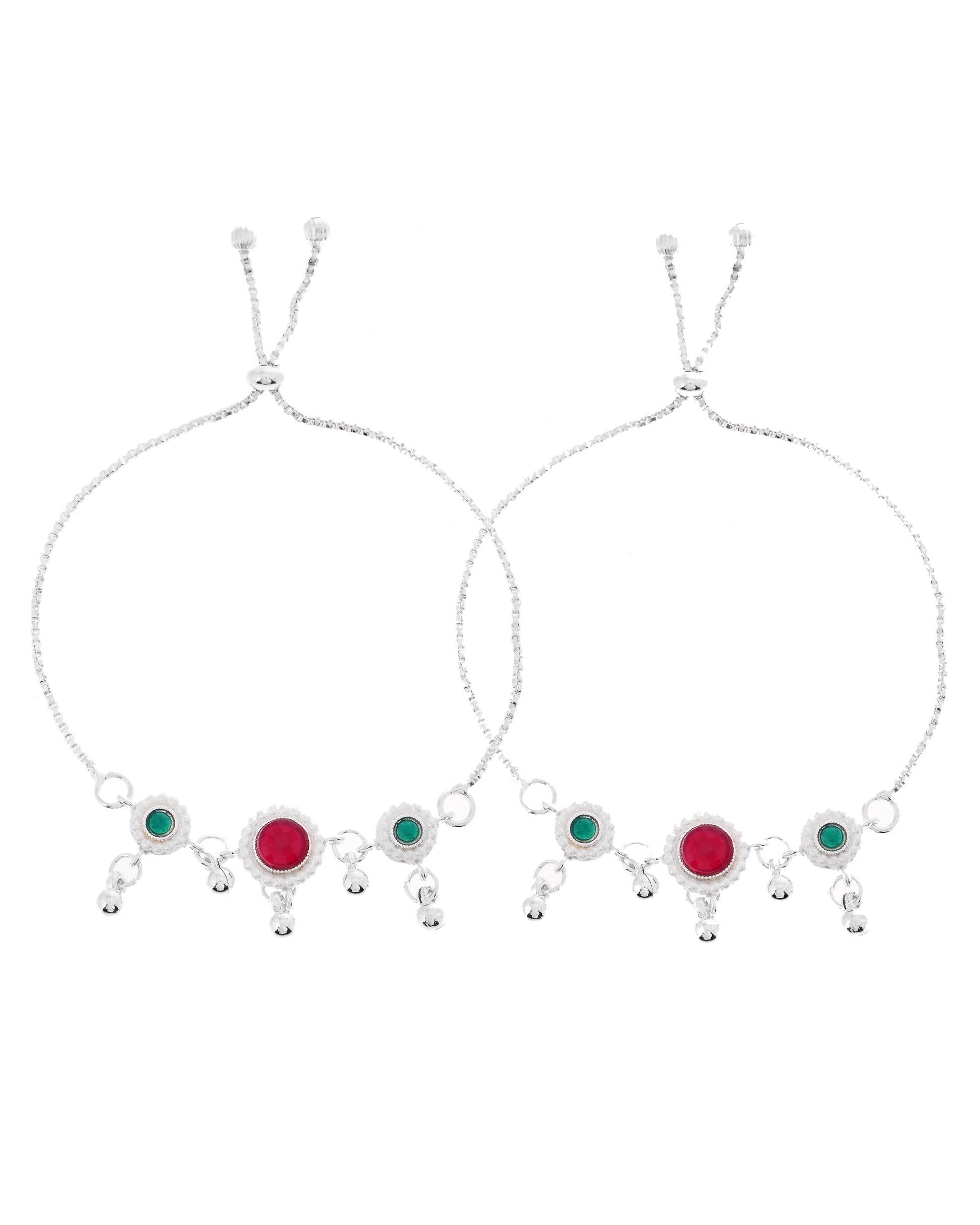 VOJ Set of 2 Silver-Plated Artificial Stones And Beads Anklet 