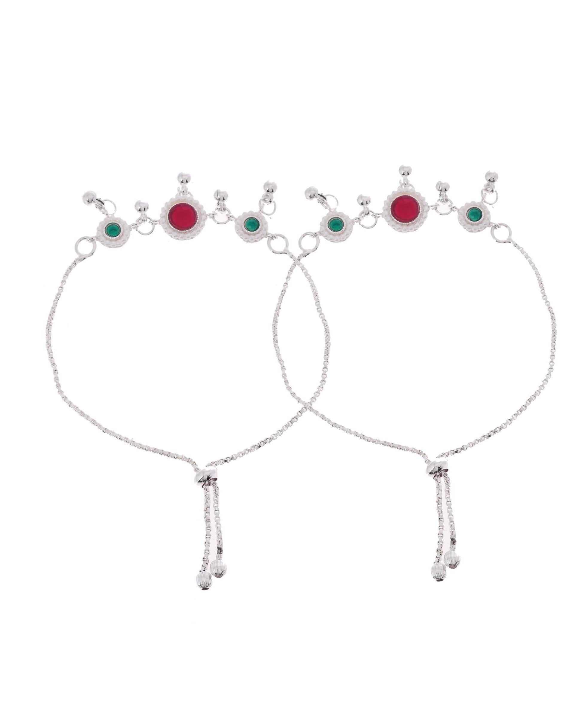 VOJ Set of 2 Silver-Plated Artificial Stones And Beads Anklet 
