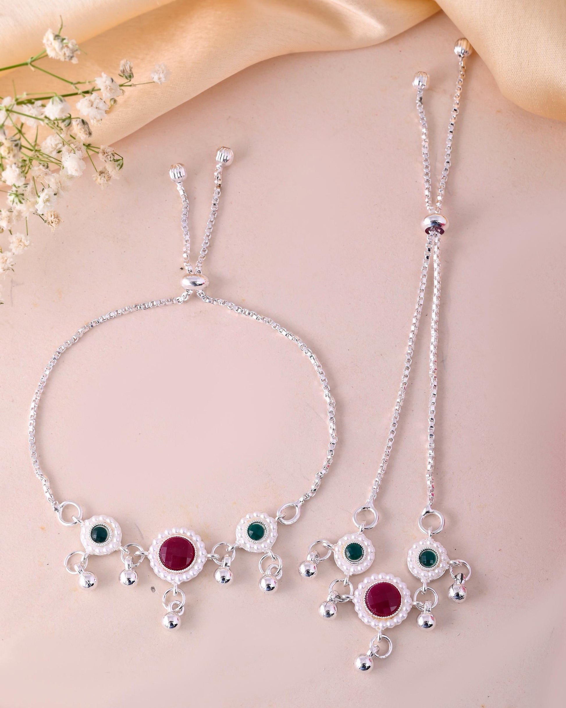 VOJ Set of 2 Silver-Plated Artificial Stones And Beads Anklet 