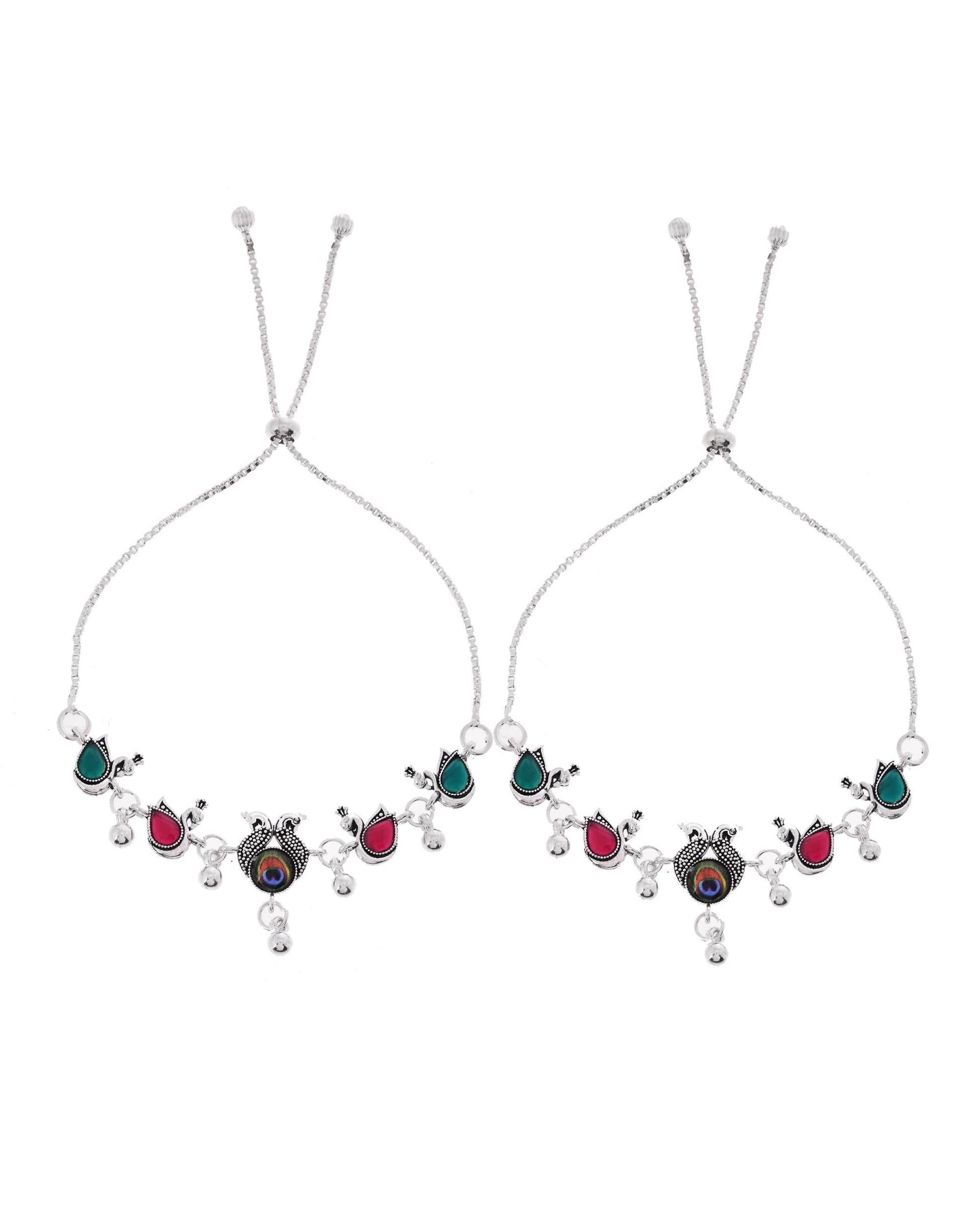 VOJ Set of 2 Silver-Plated Peacock Shaped Stone Studded Anklets 