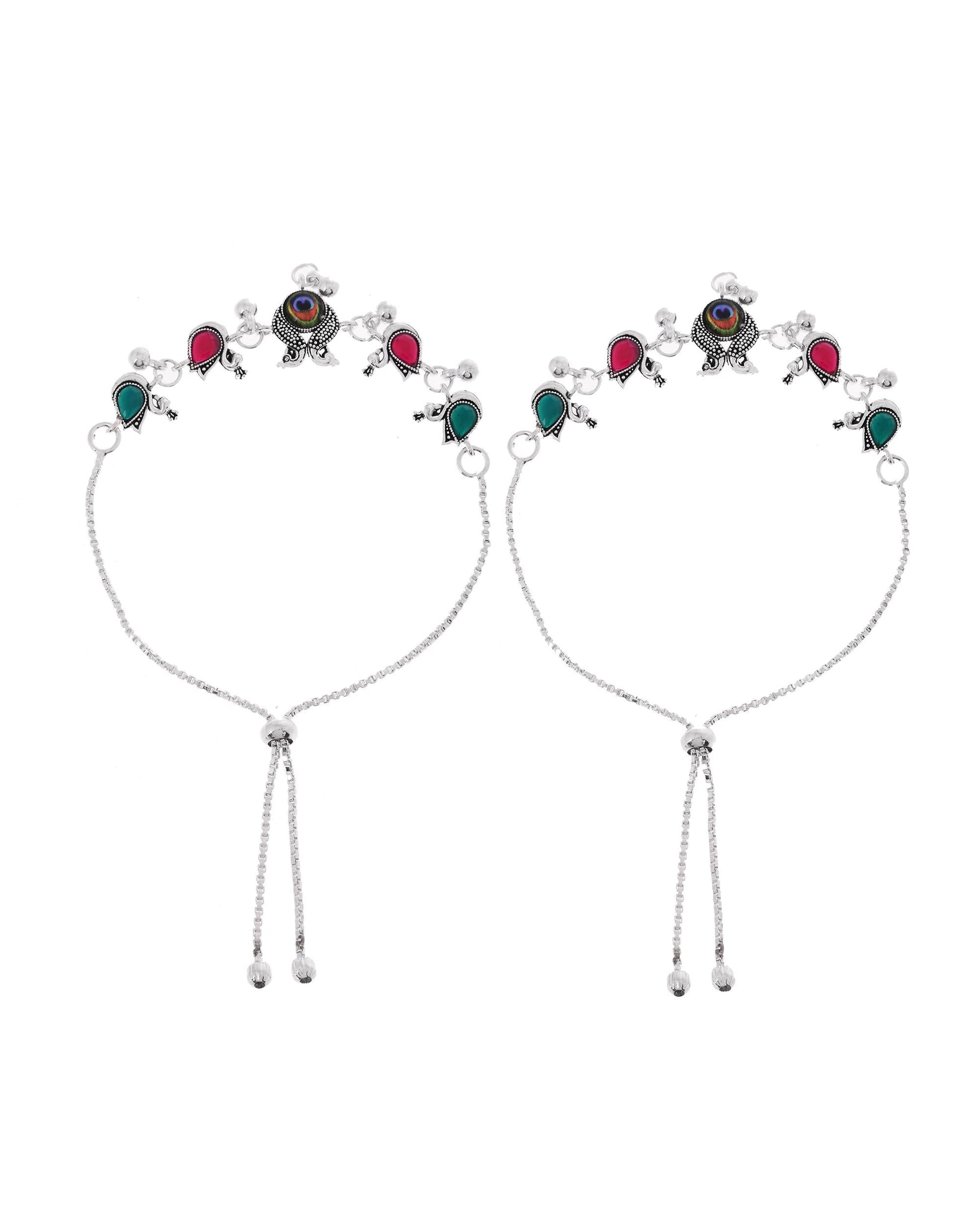 VOJ Set of 2 Silver-Plated Peacock Shaped Stone Studded Anklets 