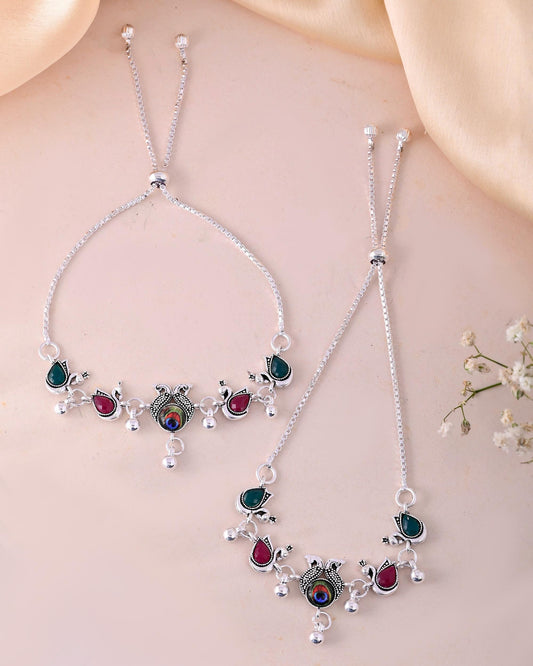 VOJ Set of 2 Silver-Plated Peacock Shaped Stone Studded Anklets 