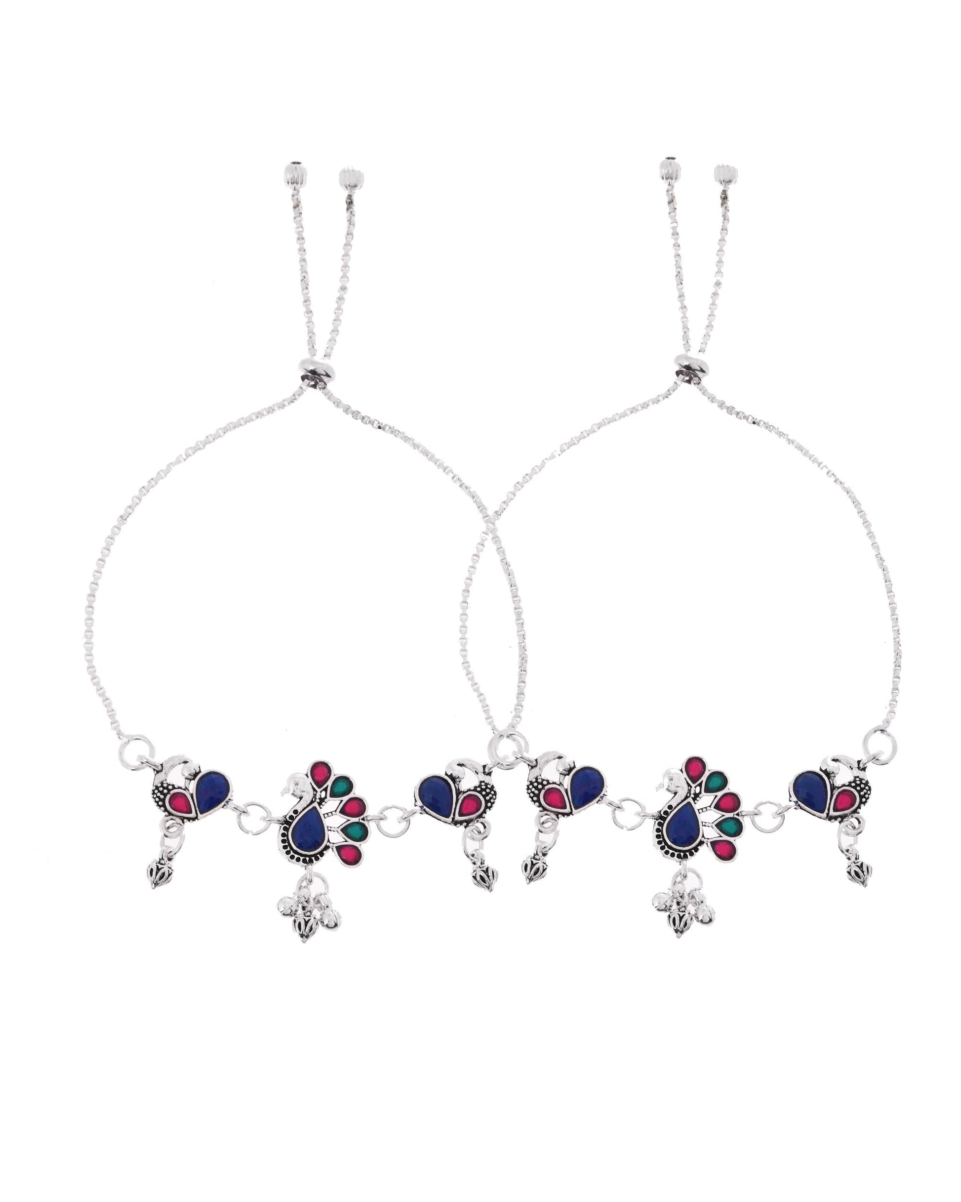VOJ Set of 2 Silver-Plated Peacock Shaped Stone Studded Anklet 