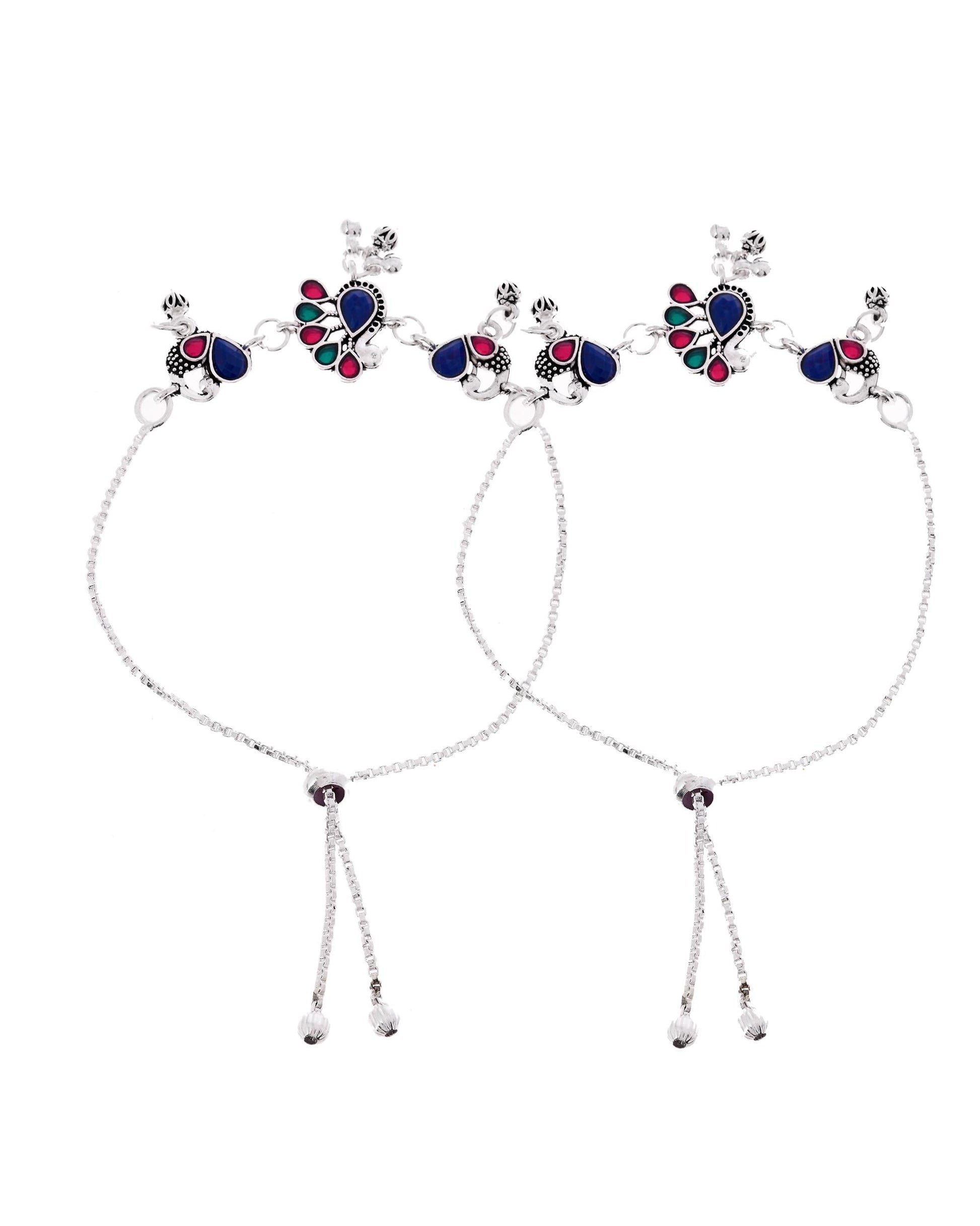 VOJ Set of 2 Silver-Plated Peacock Shaped Stone Studded Anklet 