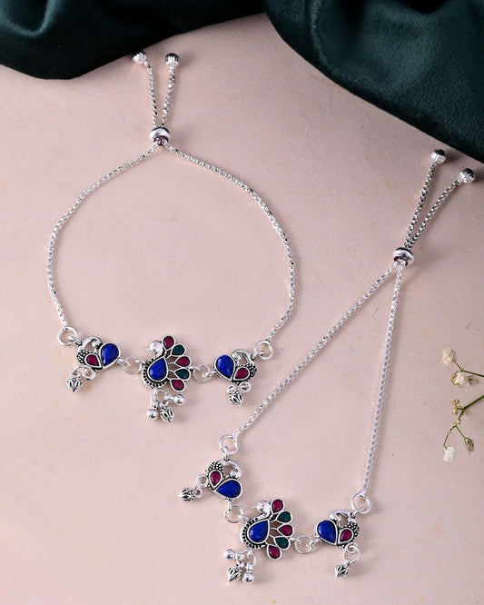 VOJ Set of 2 Silver-Plated Peacock Shaped Stone Studded Anklet 