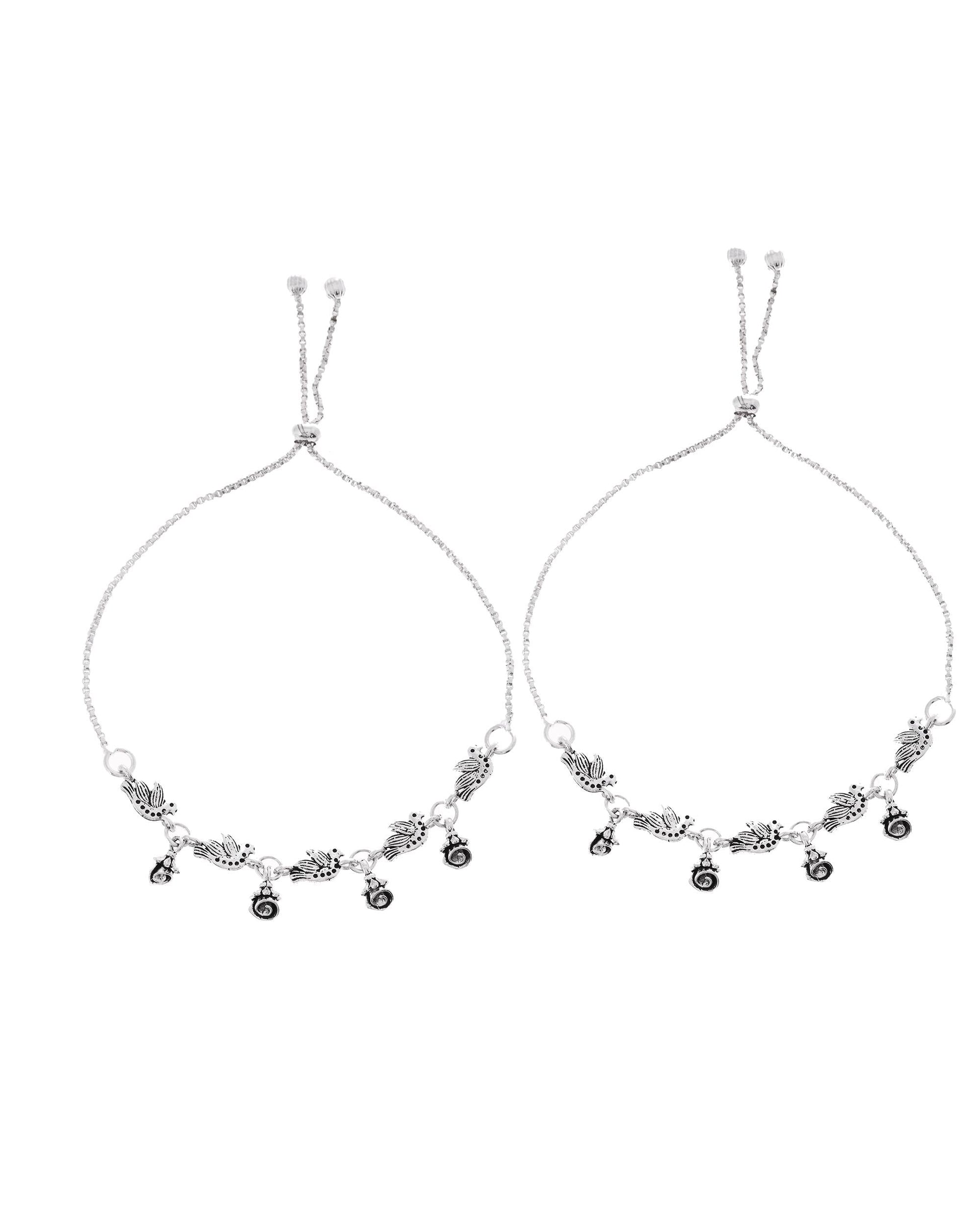 VOJ Set of 2 Silver Plated Bird And Rose Shaped Anklet 