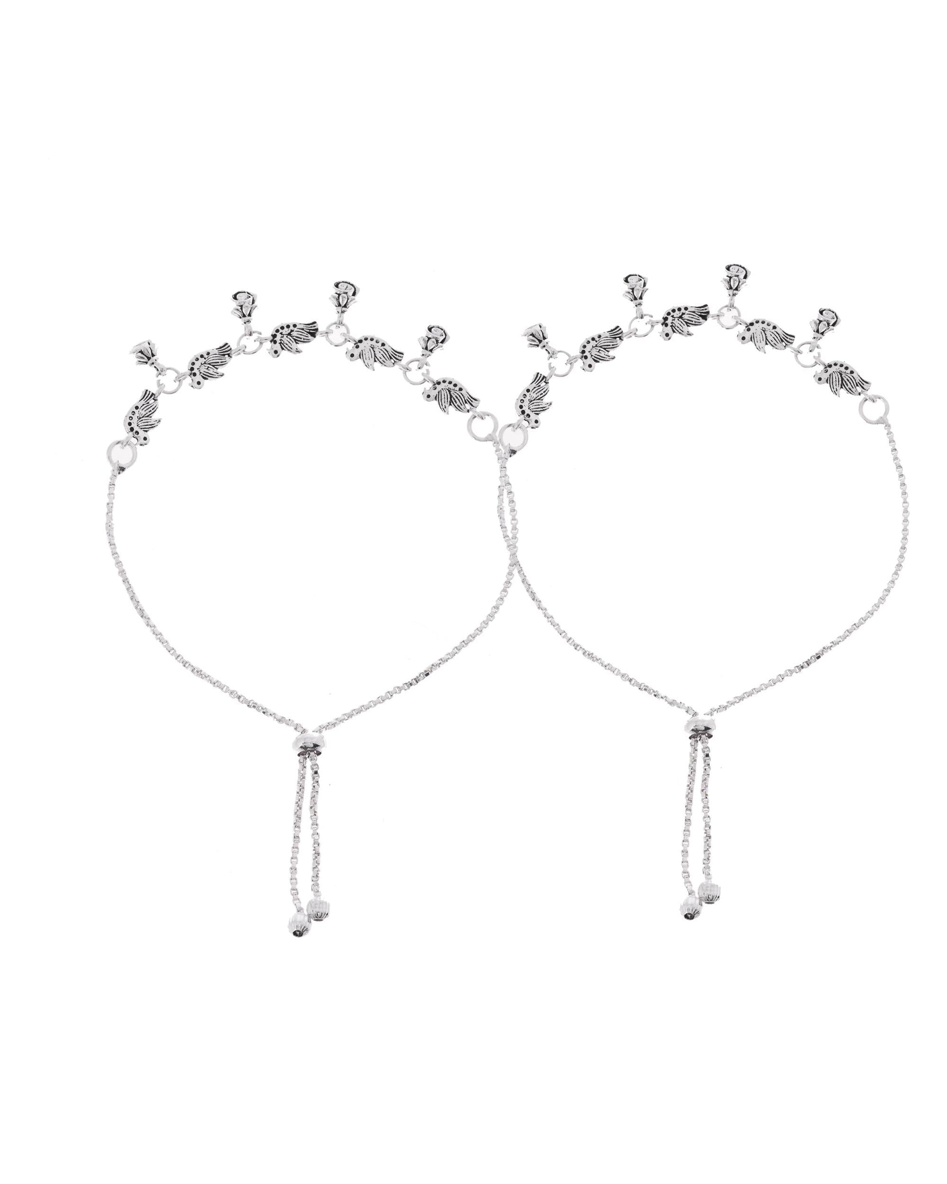 VOJ Set of 2 Silver Plated Bird And Rose Shaped Anklet 