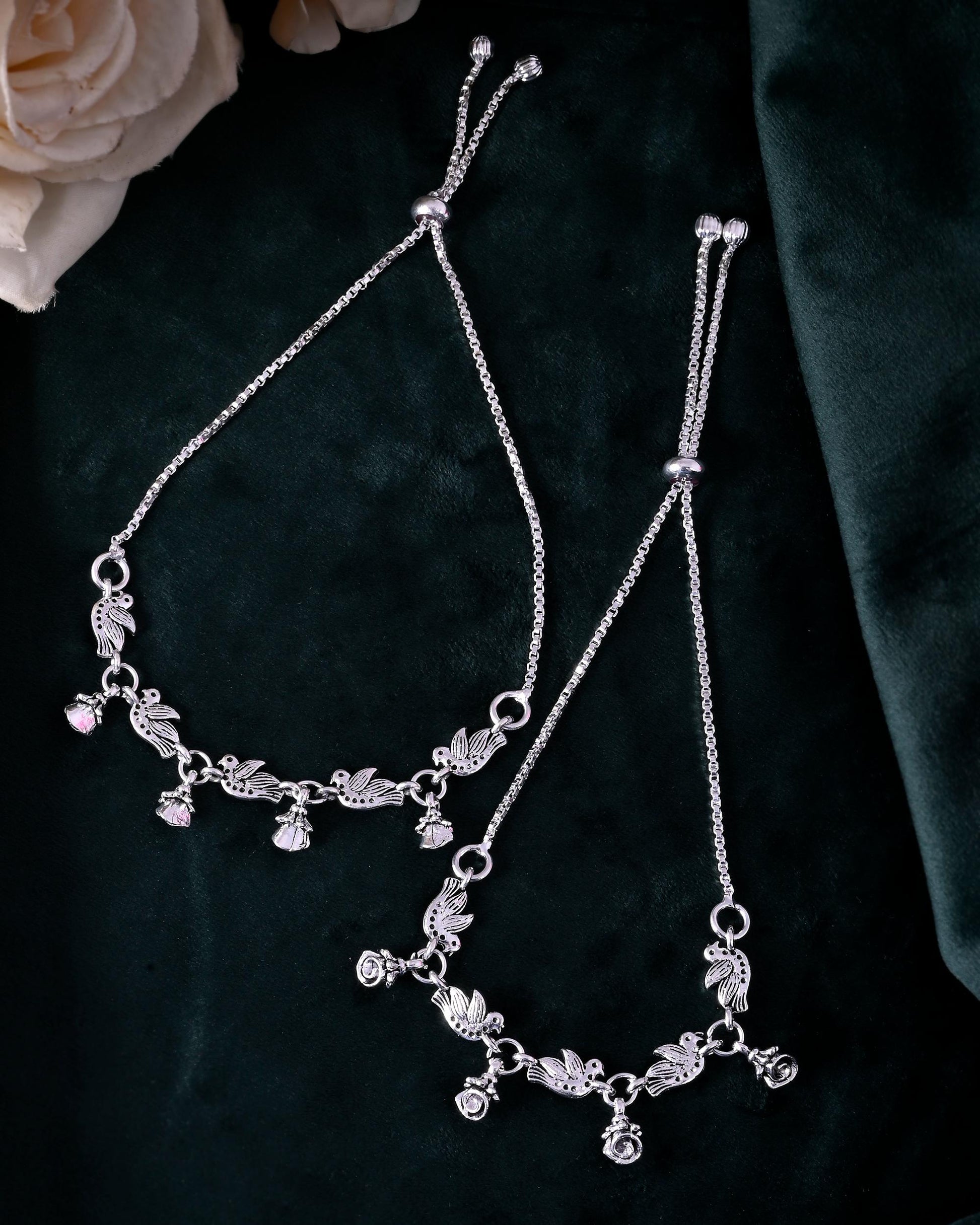 VOJ Set of 2 Silver Plated Bird And Rose Shaped Anklet 