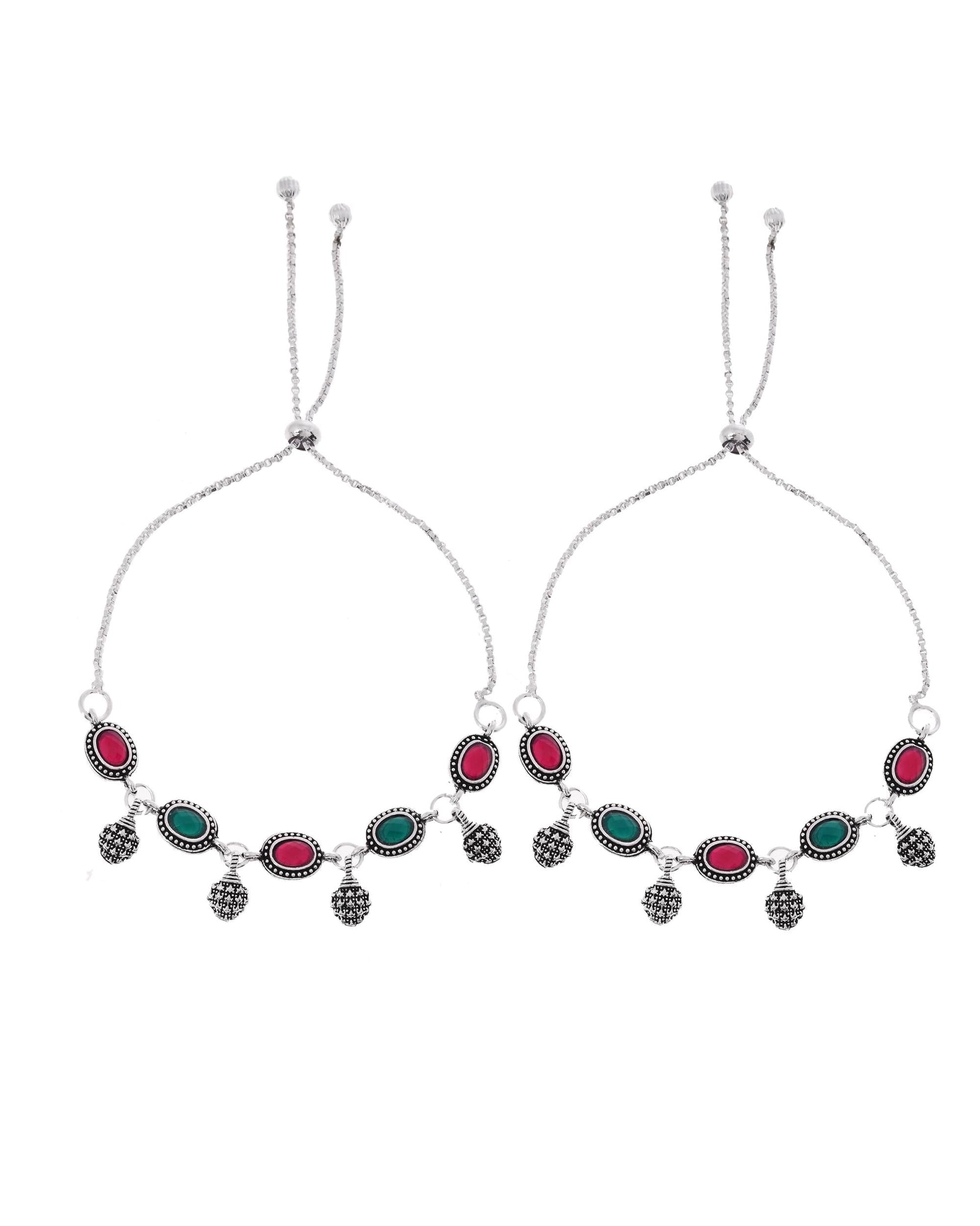 VOJ Set of 2 Silver-Plated Artificial Stones Studded Anklet 