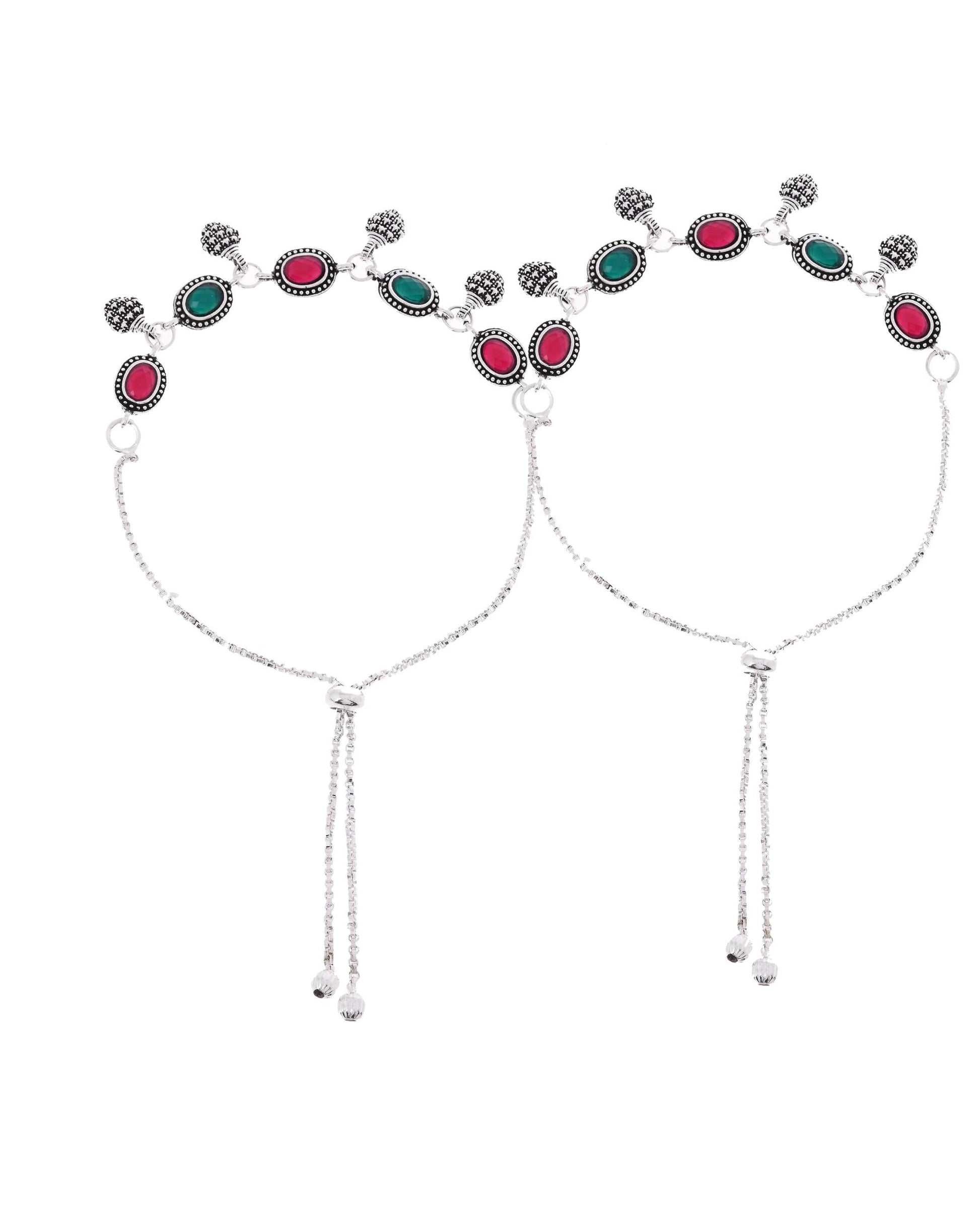 VOJ Set of 2 Silver-Plated Artificial Stones Studded Anklet 