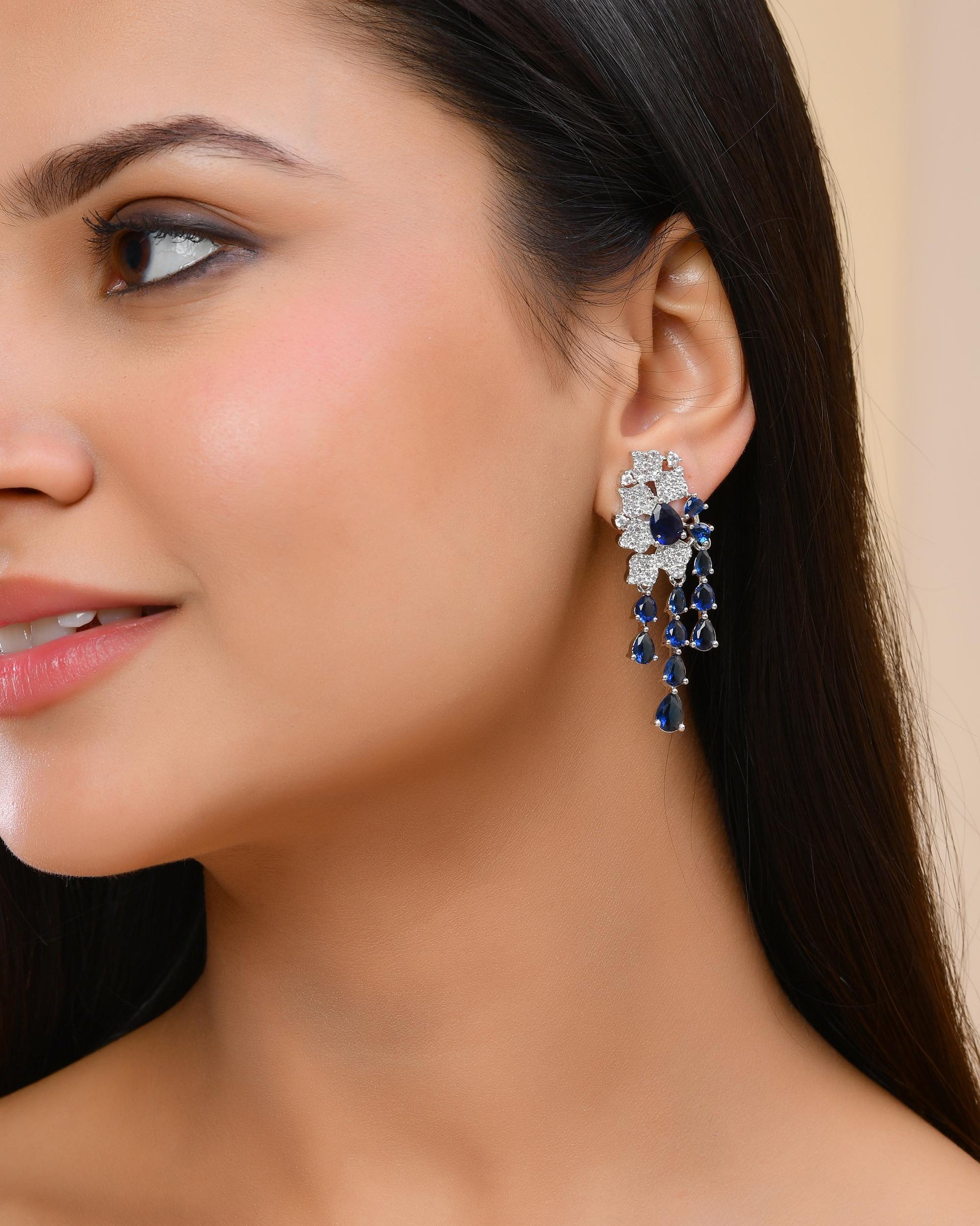 VOJ Silver Plated Ad And Blue Stone Studded Multi Layer Drop Earrings VOJ (Valley Of Jewellery)
