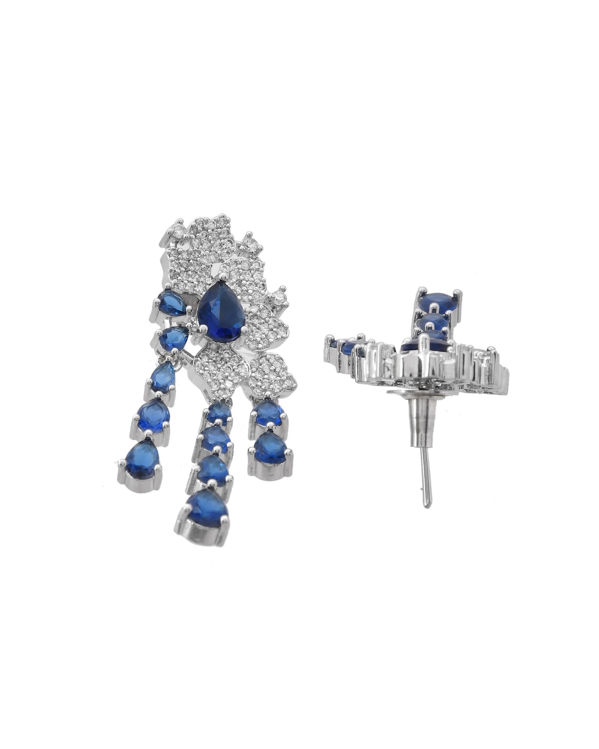 VOJ Silver Plated Ad And Blue Stone Studded Multi Layer Drop Earrings VOJ (Valley Of Jewellery)