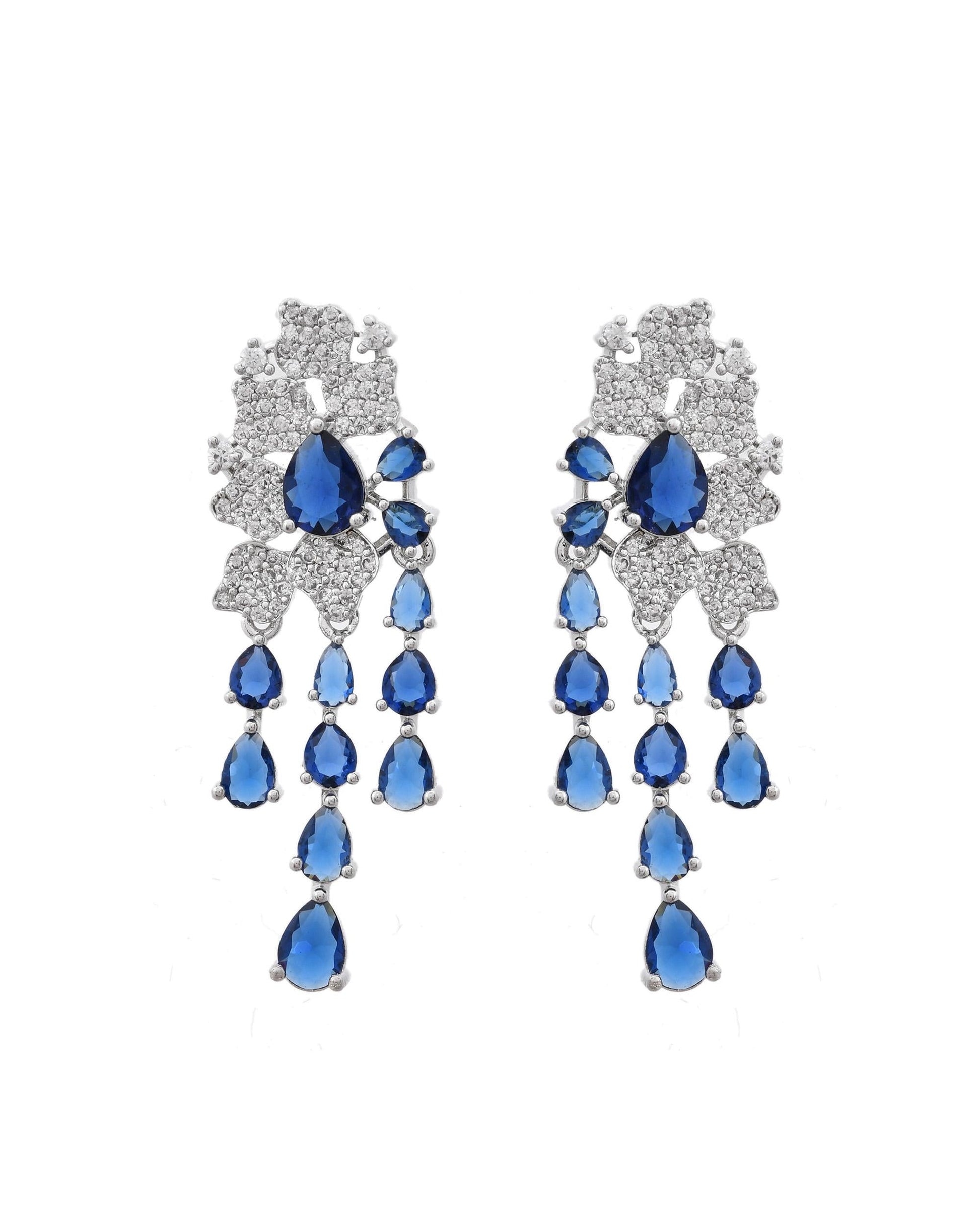 VOJ Silver Plated Ad And Blue Stone Studded Multi Layer Drop Earrings VOJ (Valley Of Jewellery)