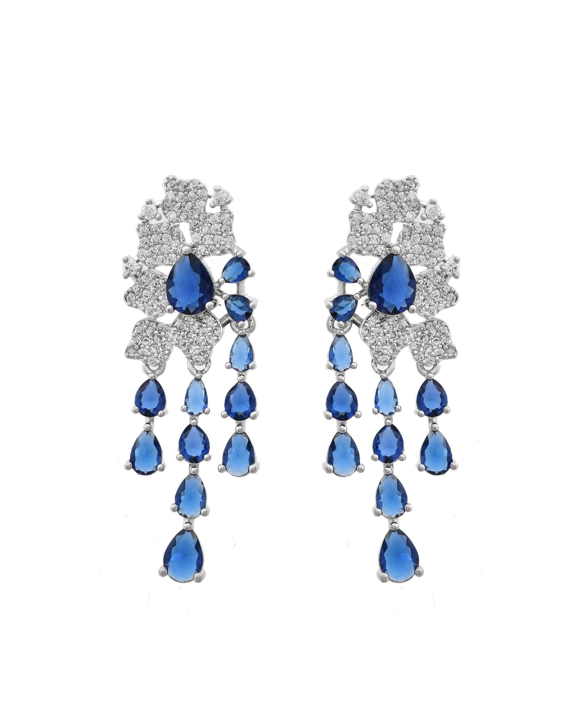 VOJ Silver Plated Ad And Blue Stone Studded Multi Layer Drop Earrings - Swadesiicart