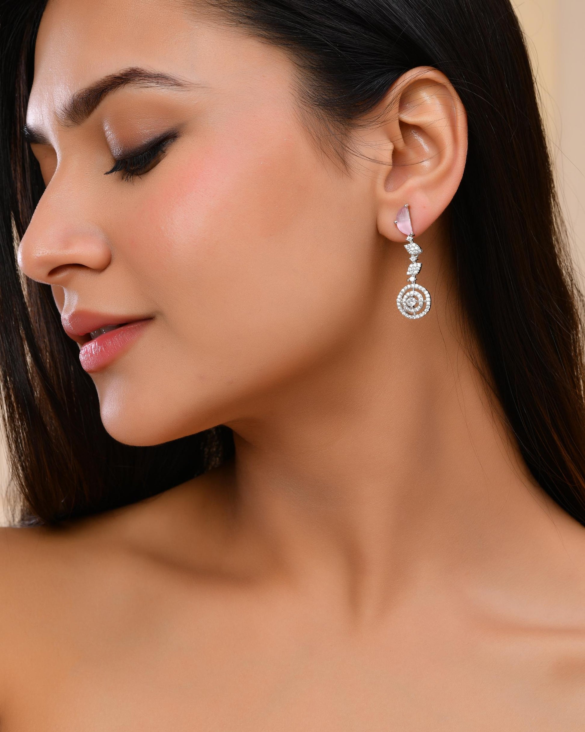 VOJ Silver Plated Pink And Ad Stone Studded Drop Earrings - Swadesiicart