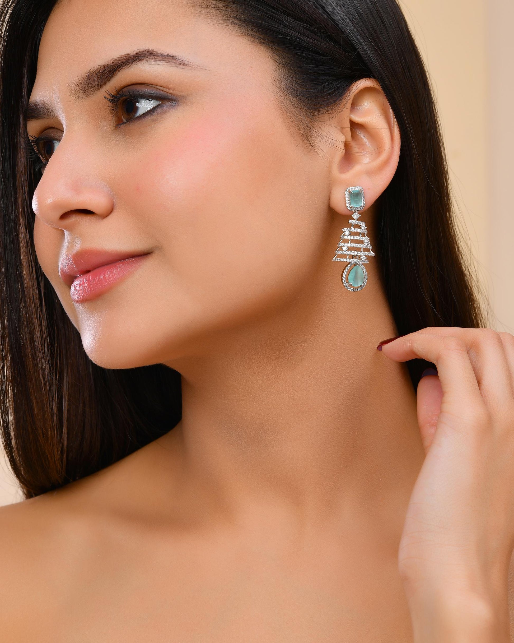 VOJ Silver Plated Mint Green Ad Stone Studded Dome Shaped Earrings VOJ (Valley Of Jewellery)