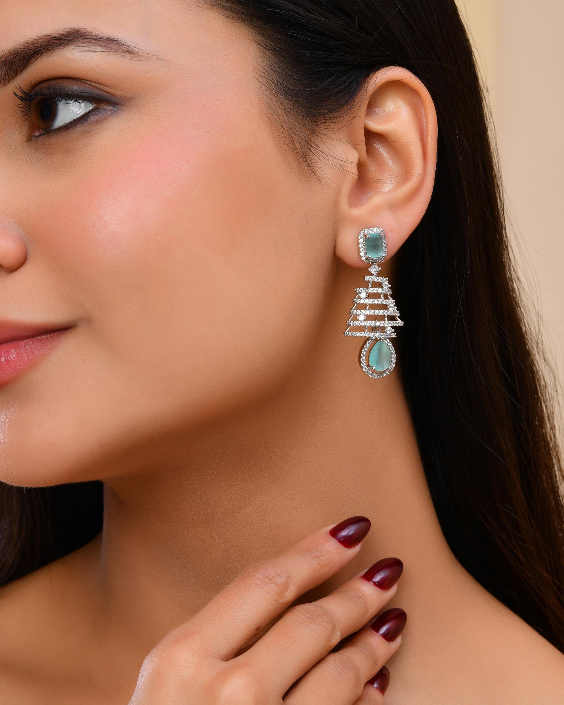 VOJ Silver Plated Mint Green Ad Stone Studded Dome Shaped Earrings - Swadesiicart